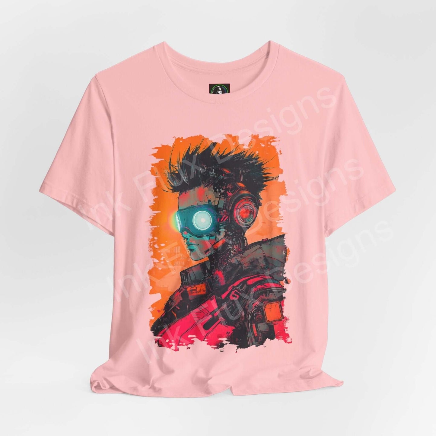 Cyberpunk graphic tee featuring a vibrant print of a woman with cybernetic enhancements on a soft pink unisex T-shirt.