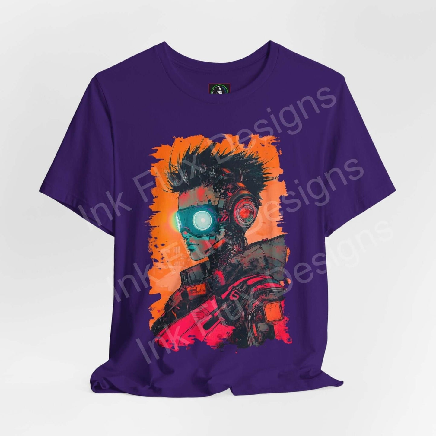 Cyberpunk graphic tee featuring a vibrant illustration of a woman with robotic features on a purple shirt, highlighting modern, artistic apparel.
