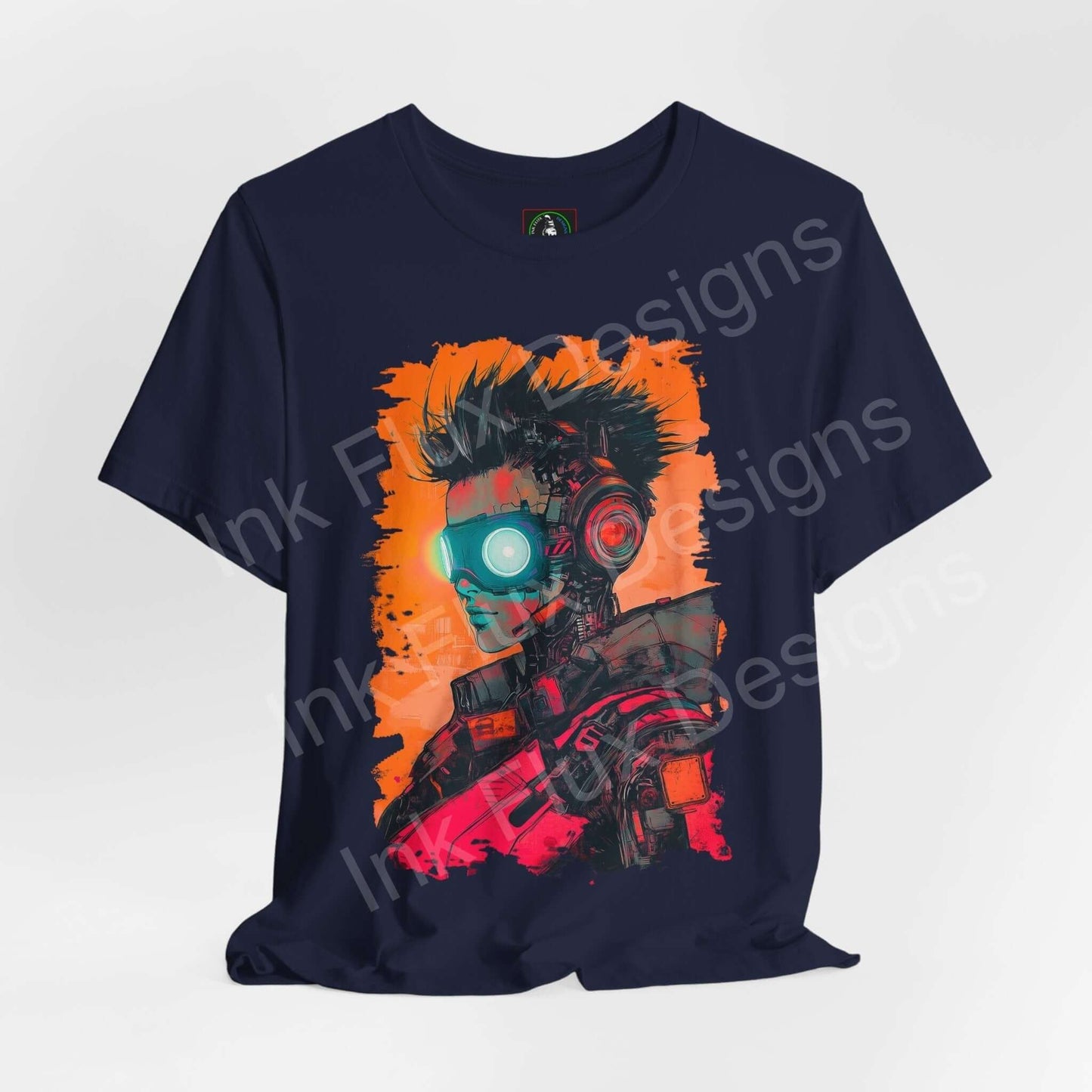 Unisex navy blue cyberpunk-themed graphic tee featuring a vibrant print of a robotic woman with orange and red accents.