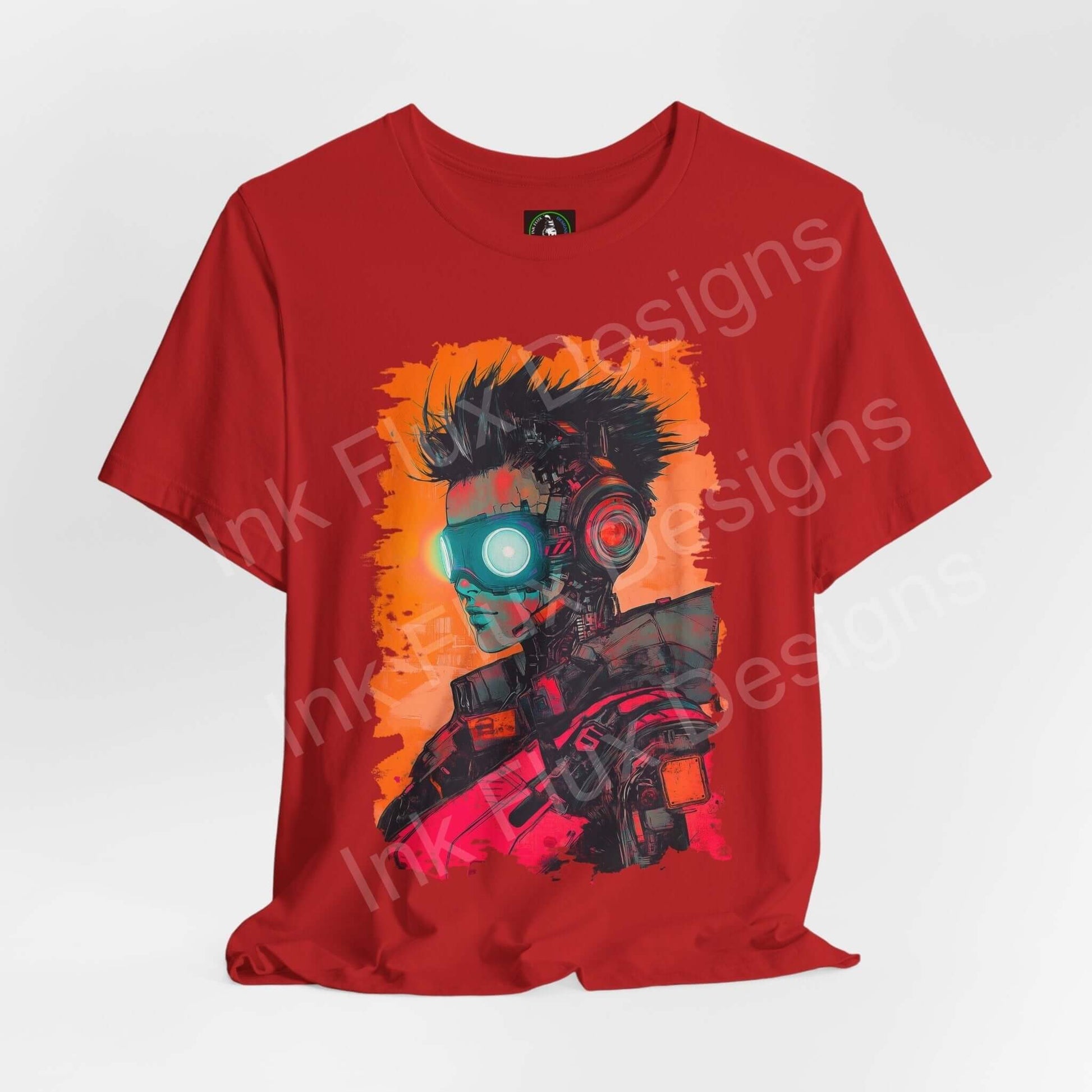 Cyberpunk T-Shirt featuring a futuristic woman portrait by Ink Flux Designs, showcasing neon colors and bold artwork.