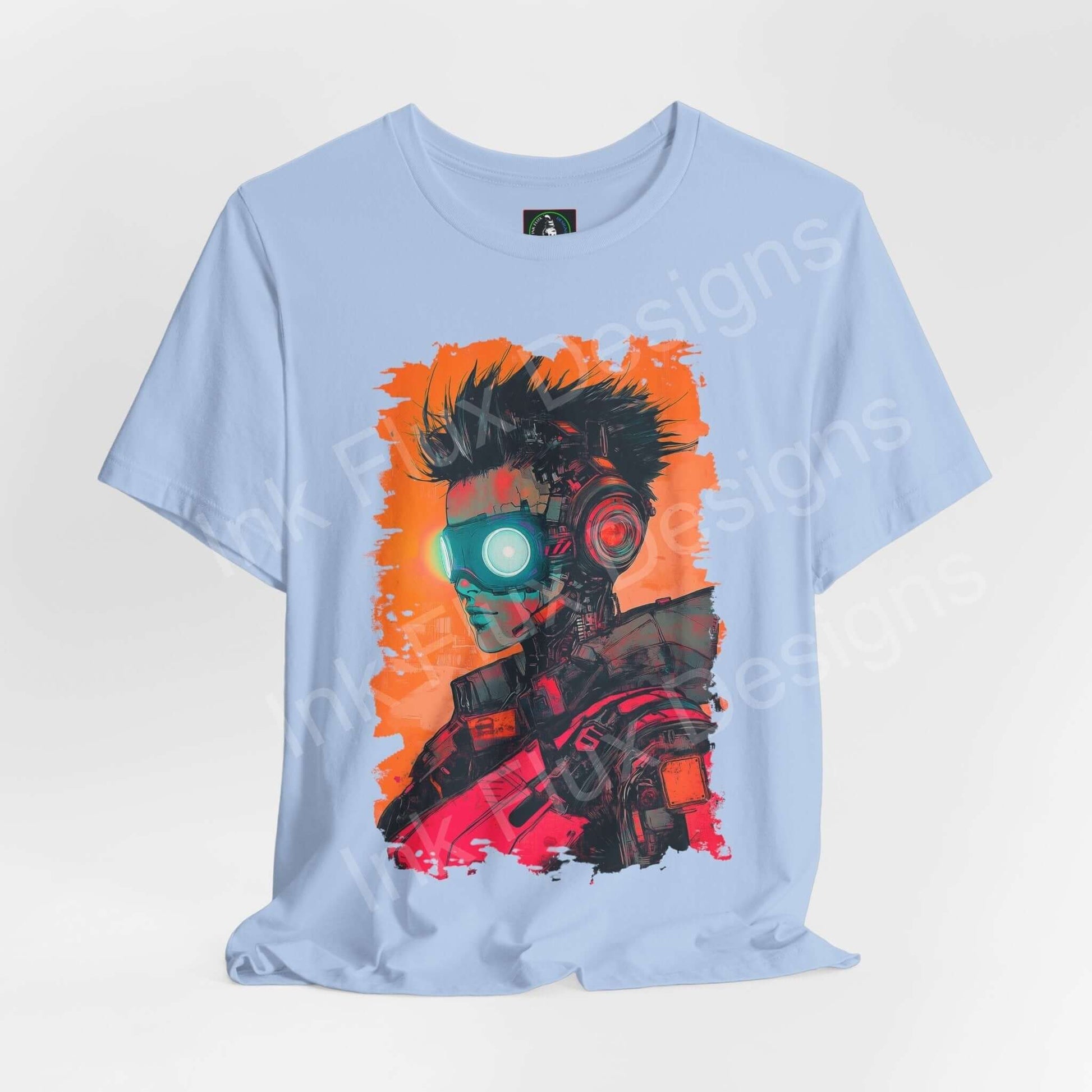 Cyberpunk T-Shirt featuring a futuristic woman portrait by Ink Flux Designs, showcasing vibrant neon colors and a modern design.