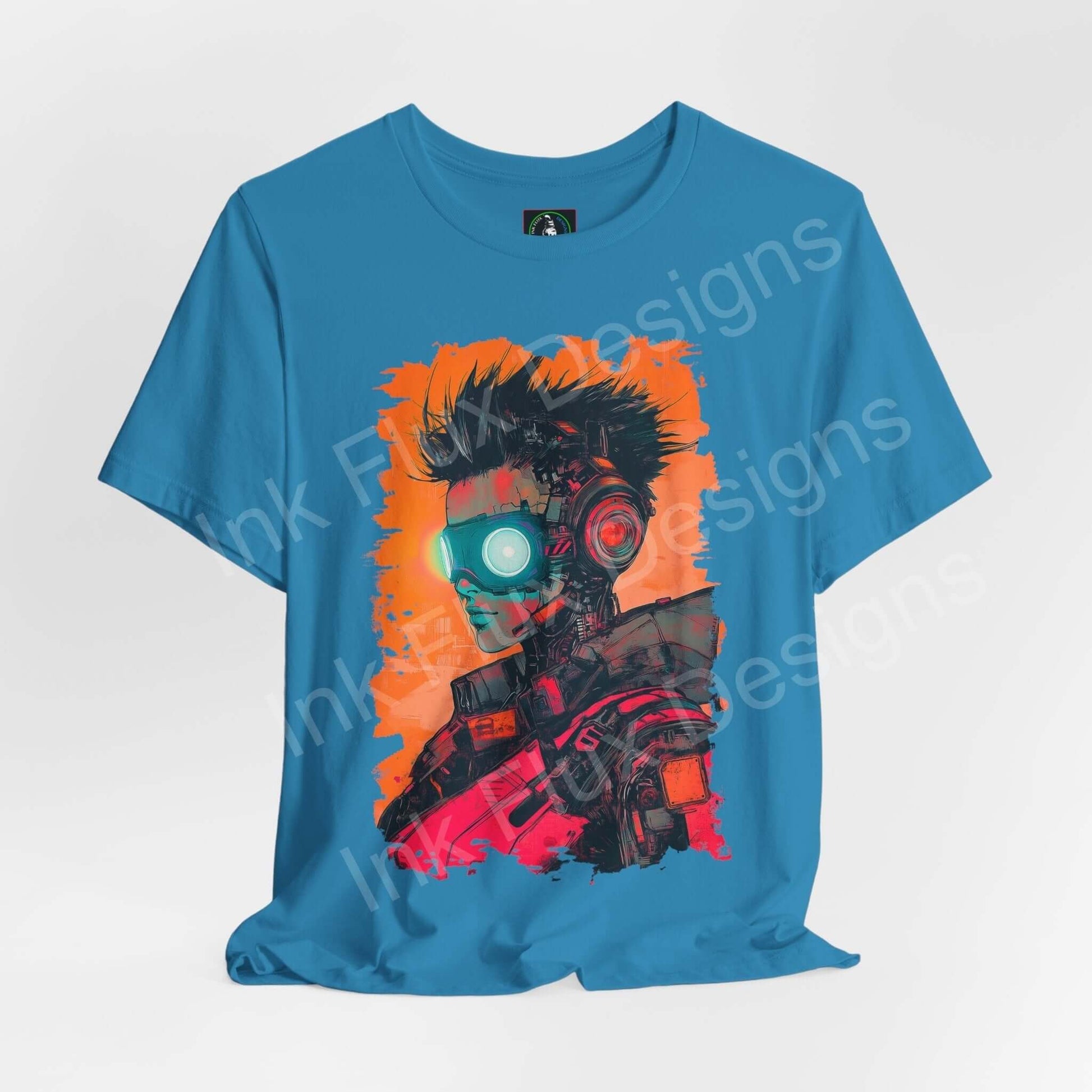 Cyberpunk T-Shirt featuring a futuristic woman portrait by Ink Flux Designs, showcasing neon colors and modern design.