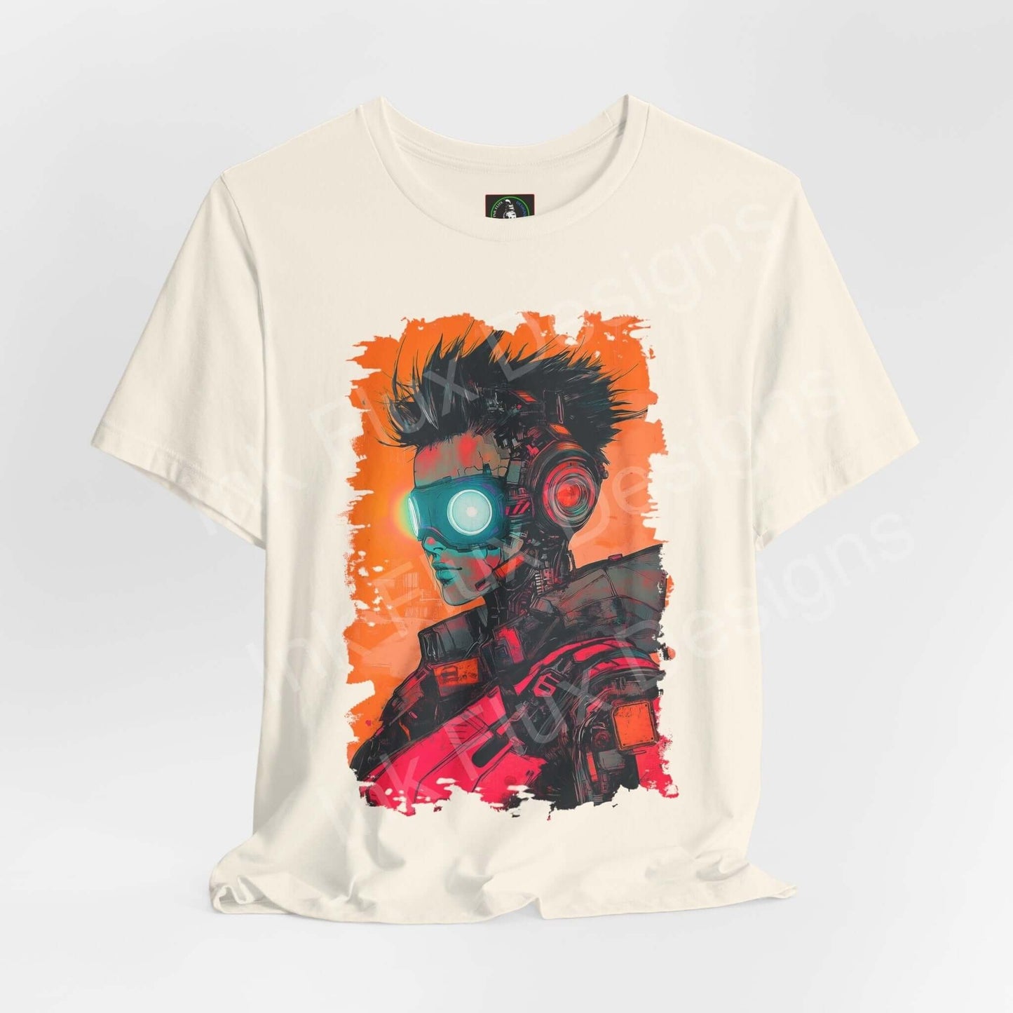 Cyberpunk-themed graphic tee featuring a vibrant print of a cybernetic woman on a cream-colored unisex jersey T-shirt.