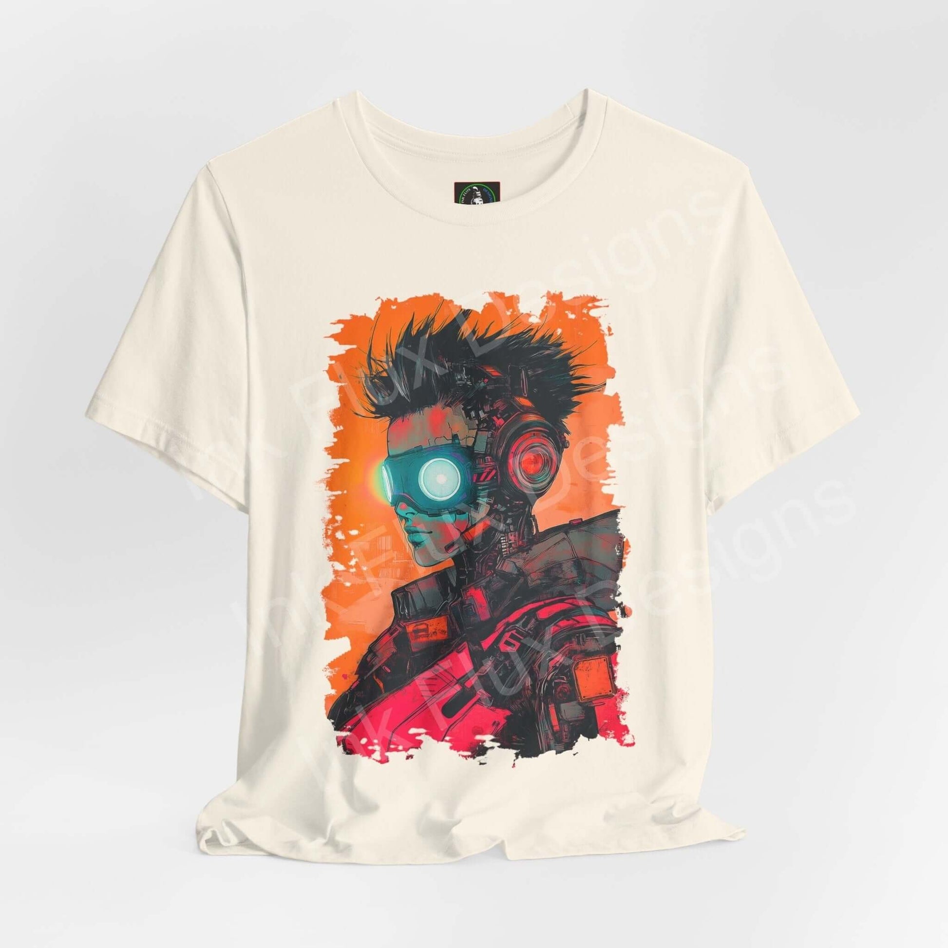 Cyberpunk T-Shirt featuring a futuristic woman's portrait with neon colors by Ink Flux Designs.