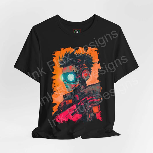 Cyberpunk T-Shirt featuring a futuristic woman portrait by Ink Flux Designs, showcasing vibrant neon colors and intricate details.
