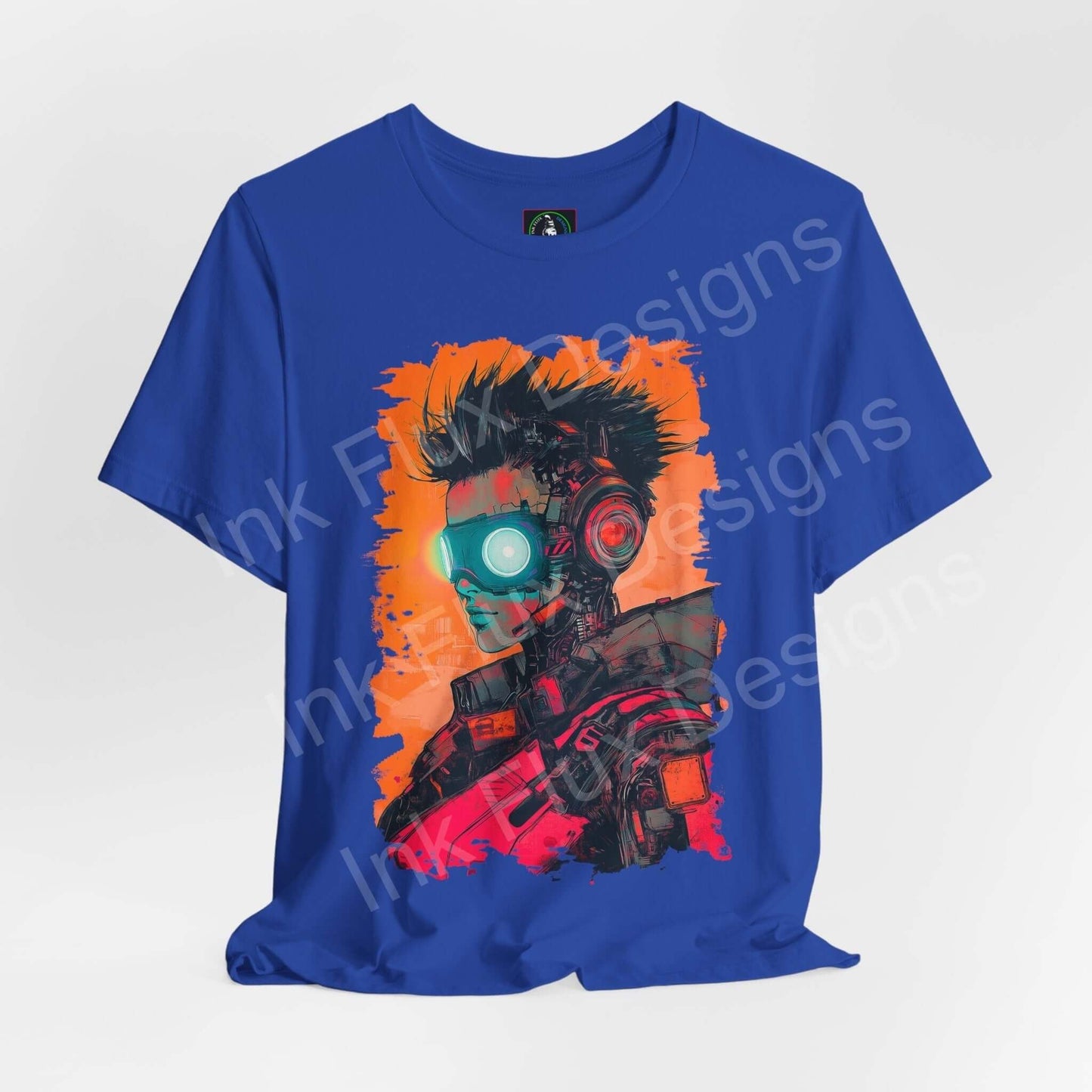 Blue unisex cyberpunk graphic tee featuring a vibrant print of a futuristic woman with glowing eye, made from breathable cotton.