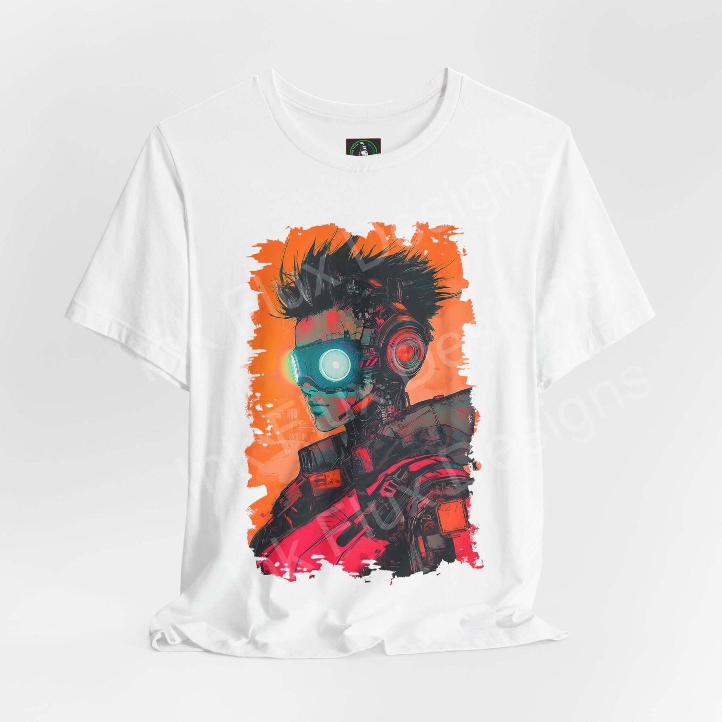 Cyberpunk graphic tee featuring a vibrant woman robot illustration on a white unisex jersey T-shirt by Bella+Canvas