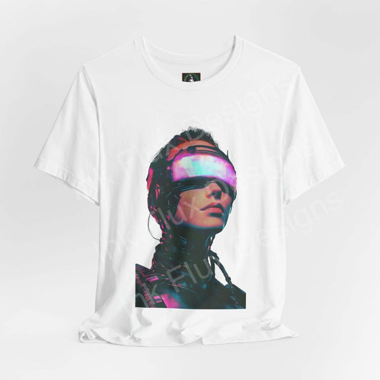 Cyberpunk t-shirt featuring Woman V in a futuristic neon portrait by Ink Flux Designs