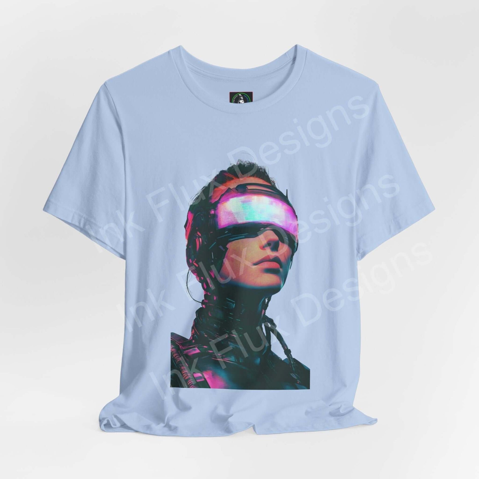 Cyberpunk t-shirt featuring a futuristic portrait with neon colors and high-tech aesthetic by Ink Flux Designs.