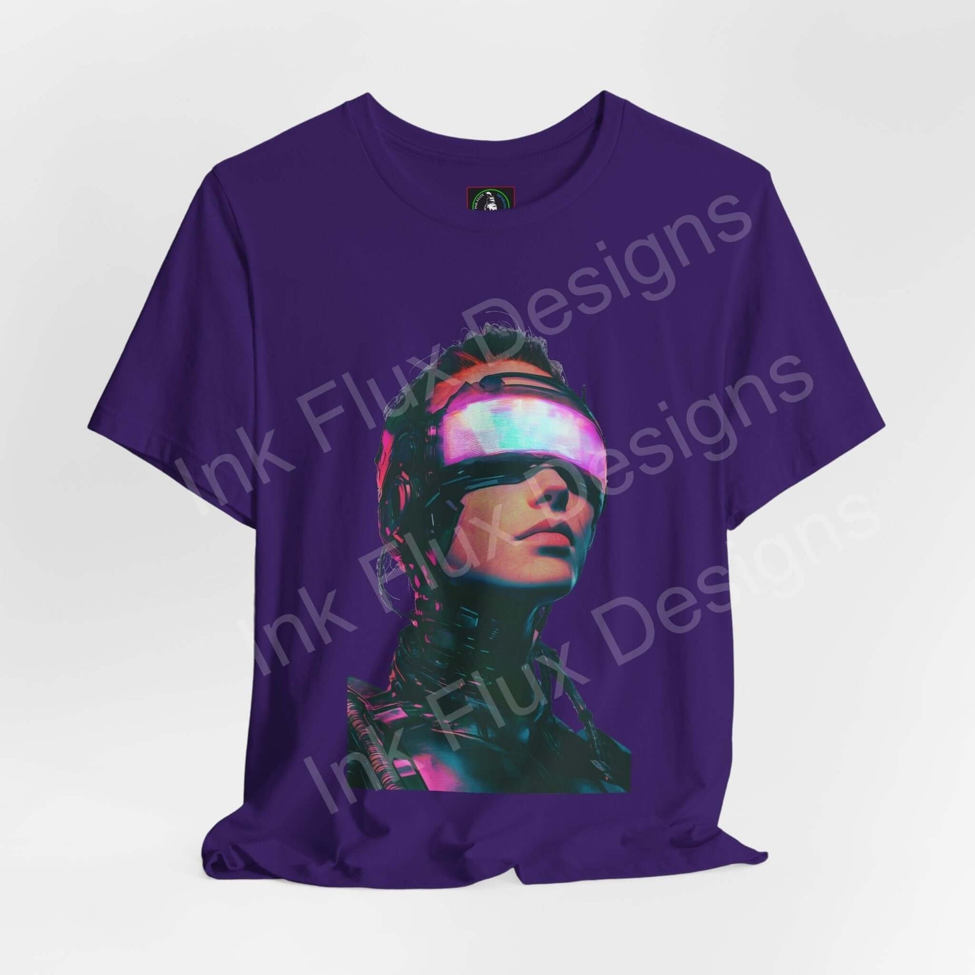 Cyberpunk t-shirt featuring Woman V futuristic neon portrait by Ink Flux Designs on a purple background.