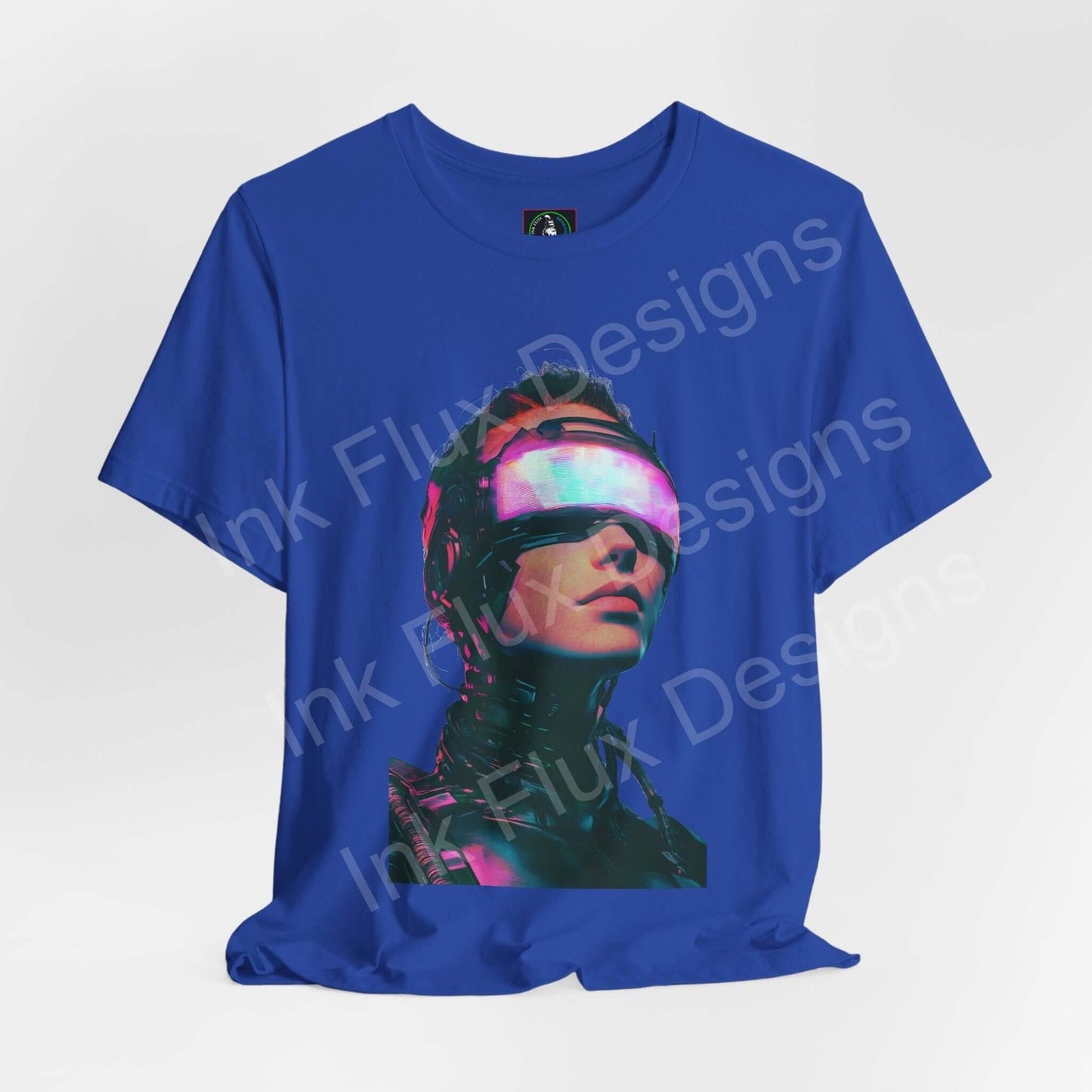 Blue cyberpunk graphic tee featuring a futuristic woman with neon visor, ideal for fans of stylish, ethically made T-shirts.