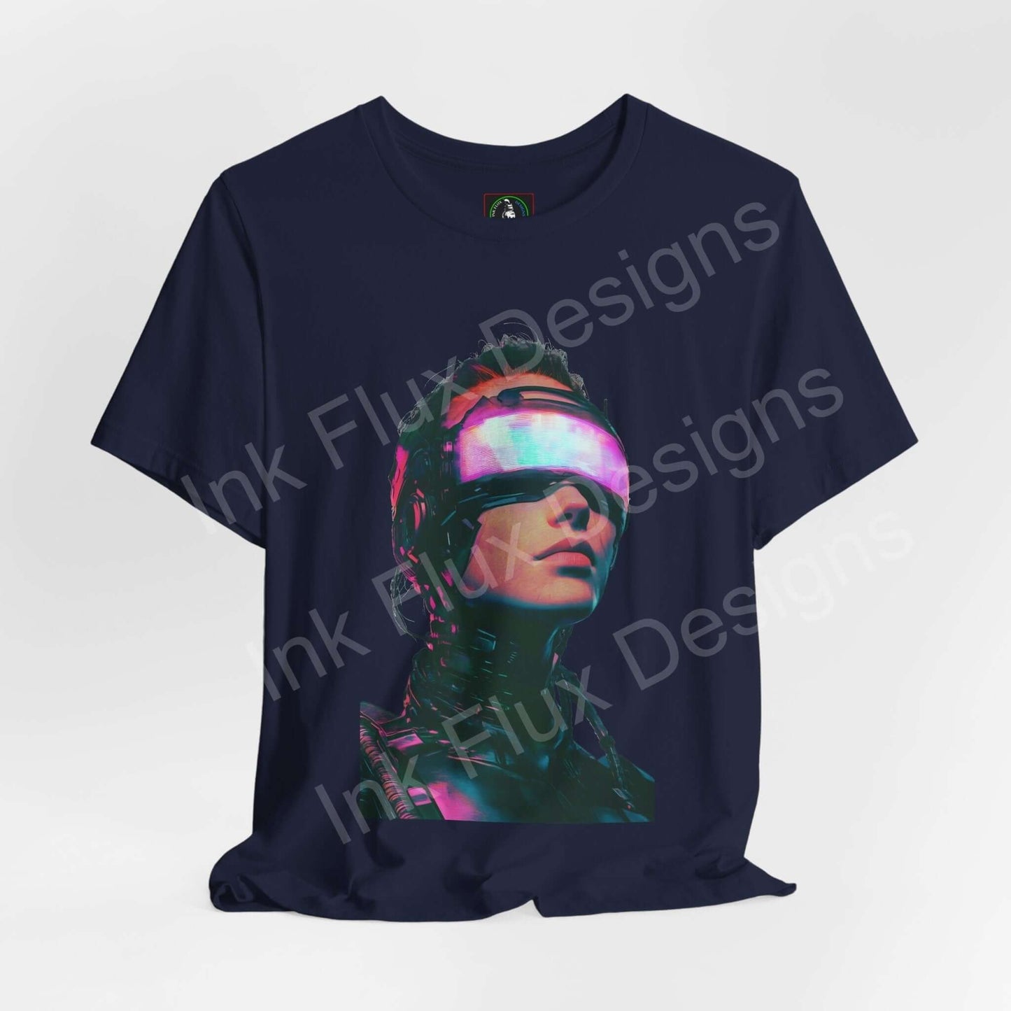 Cyberpunk Woman V graphic t-shirt featuring a vibrant, futuristic design on a dark navy unisex tee, perfect for fans of cyberpunk style.