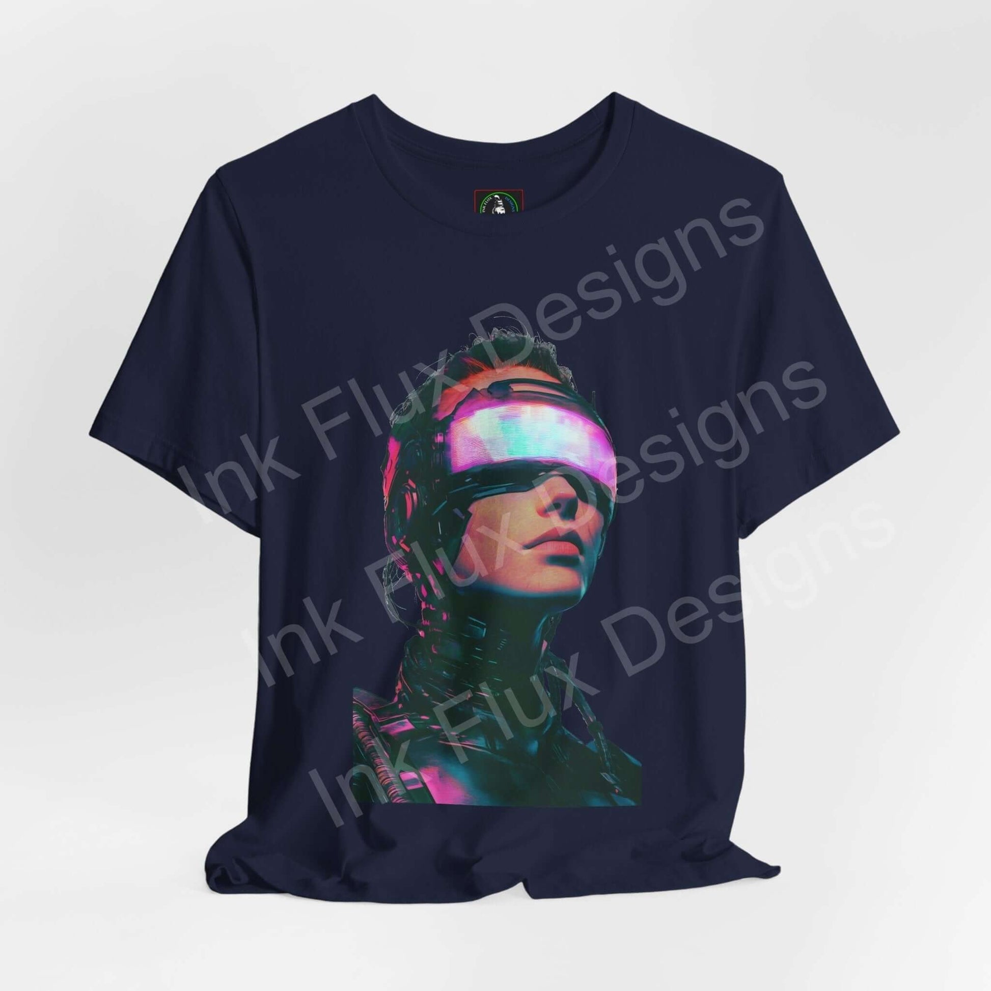 Cyberpunk T-Shirt featuring a futuristic neon portrait design by Ink Flux Designs.