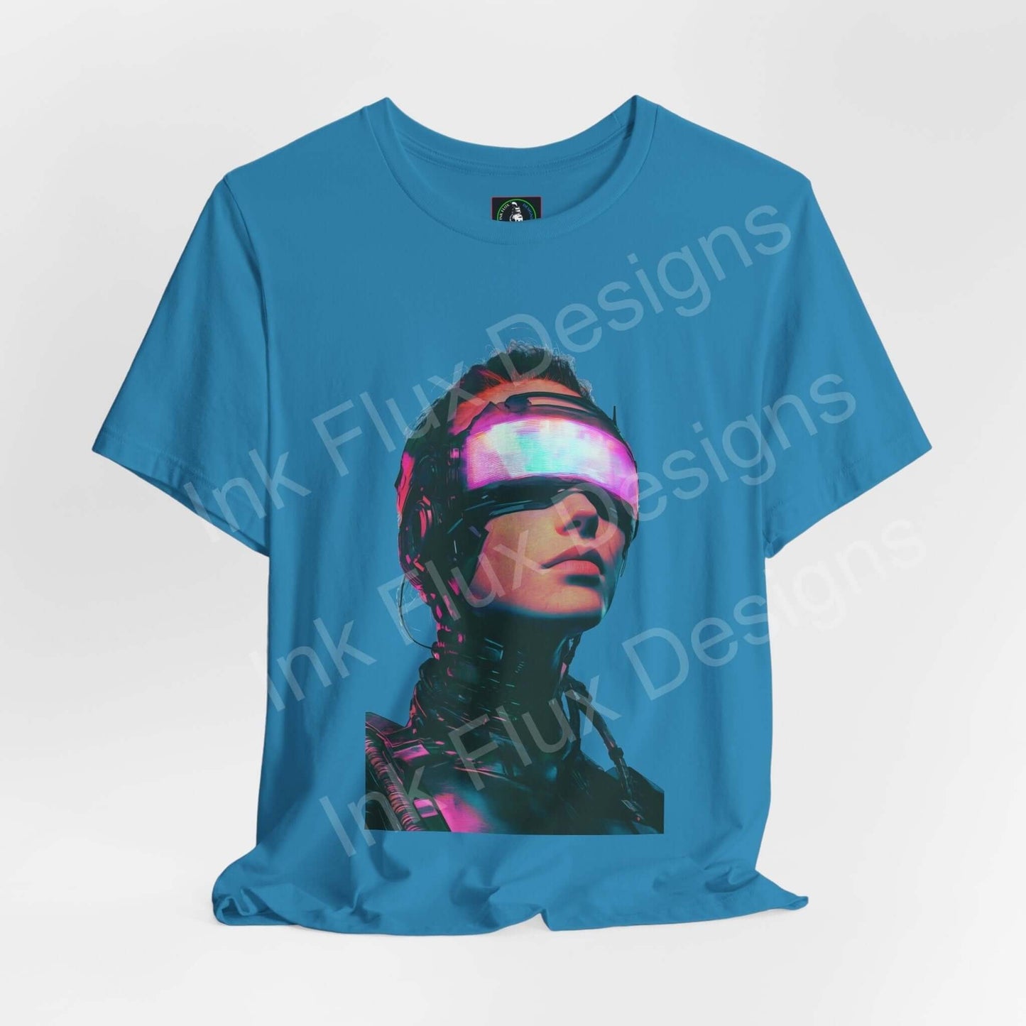 Blue cyberpunk graphic tee featuring a woman with futuristic visor, part of our ethically made T-shirts collection.