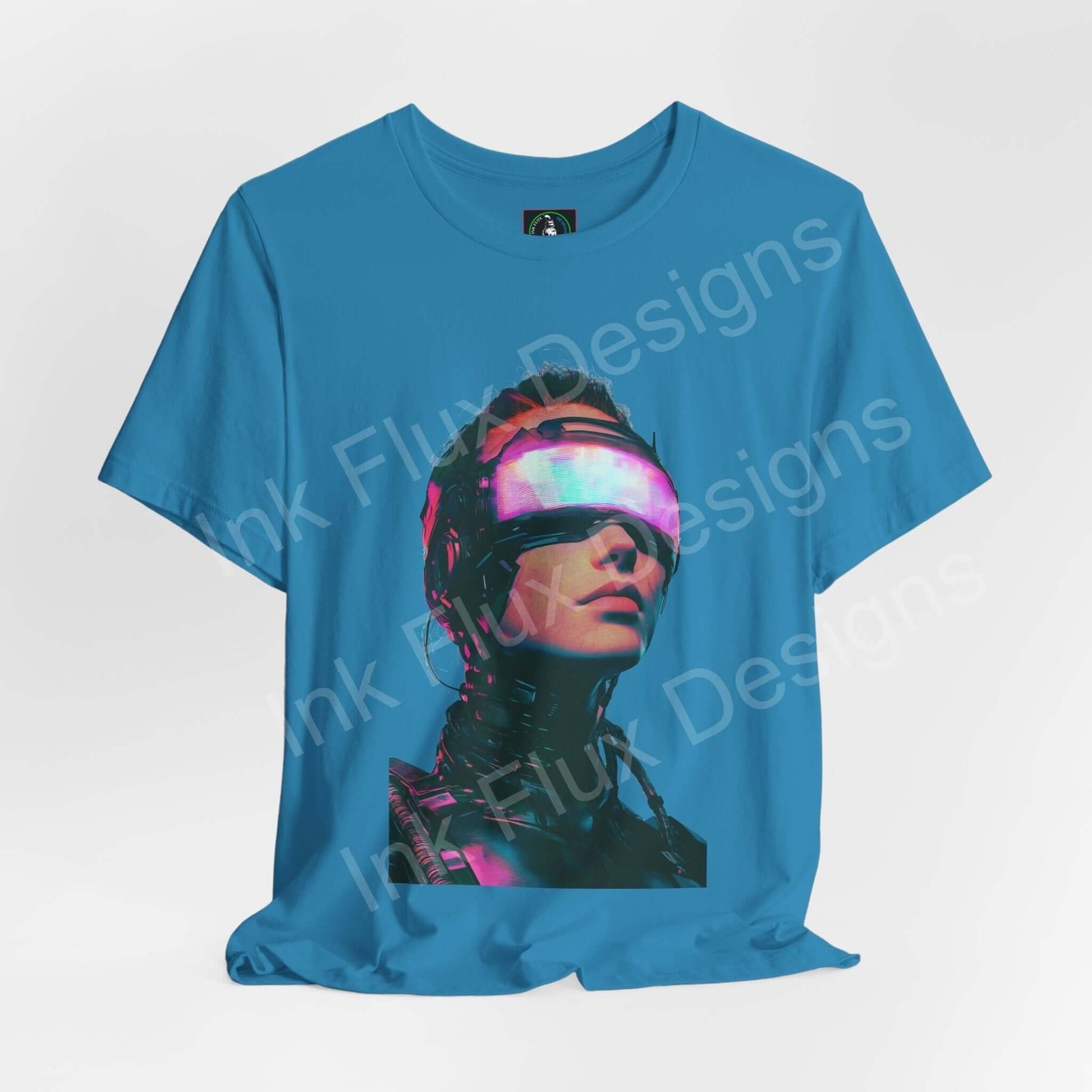Cyberpunk t-shirt featuring a futuristic neon portrait of a woman by Ink Flux Designs, vibrant colors and electric design.