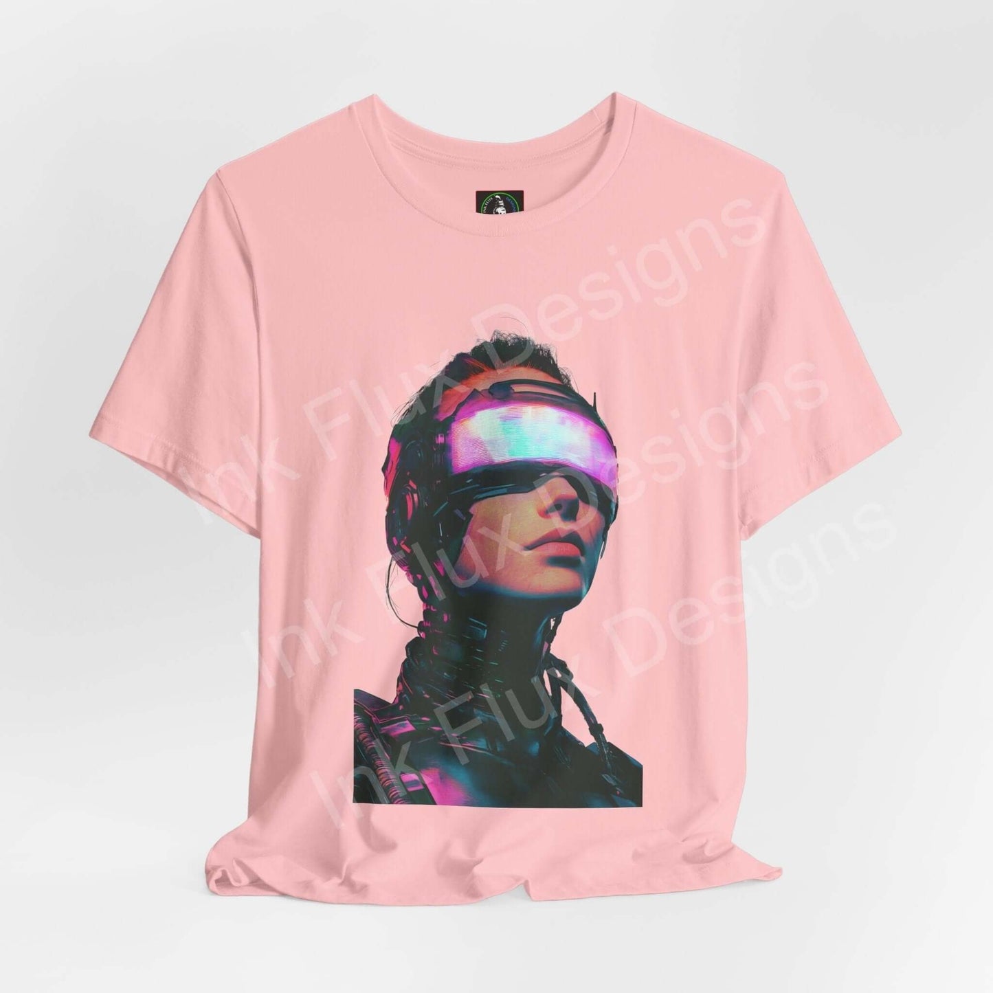 Light pink unisex T-shirt with vibrant cyberpunk woman graphic design, featuring futuristic glasses and high-tech apparel.