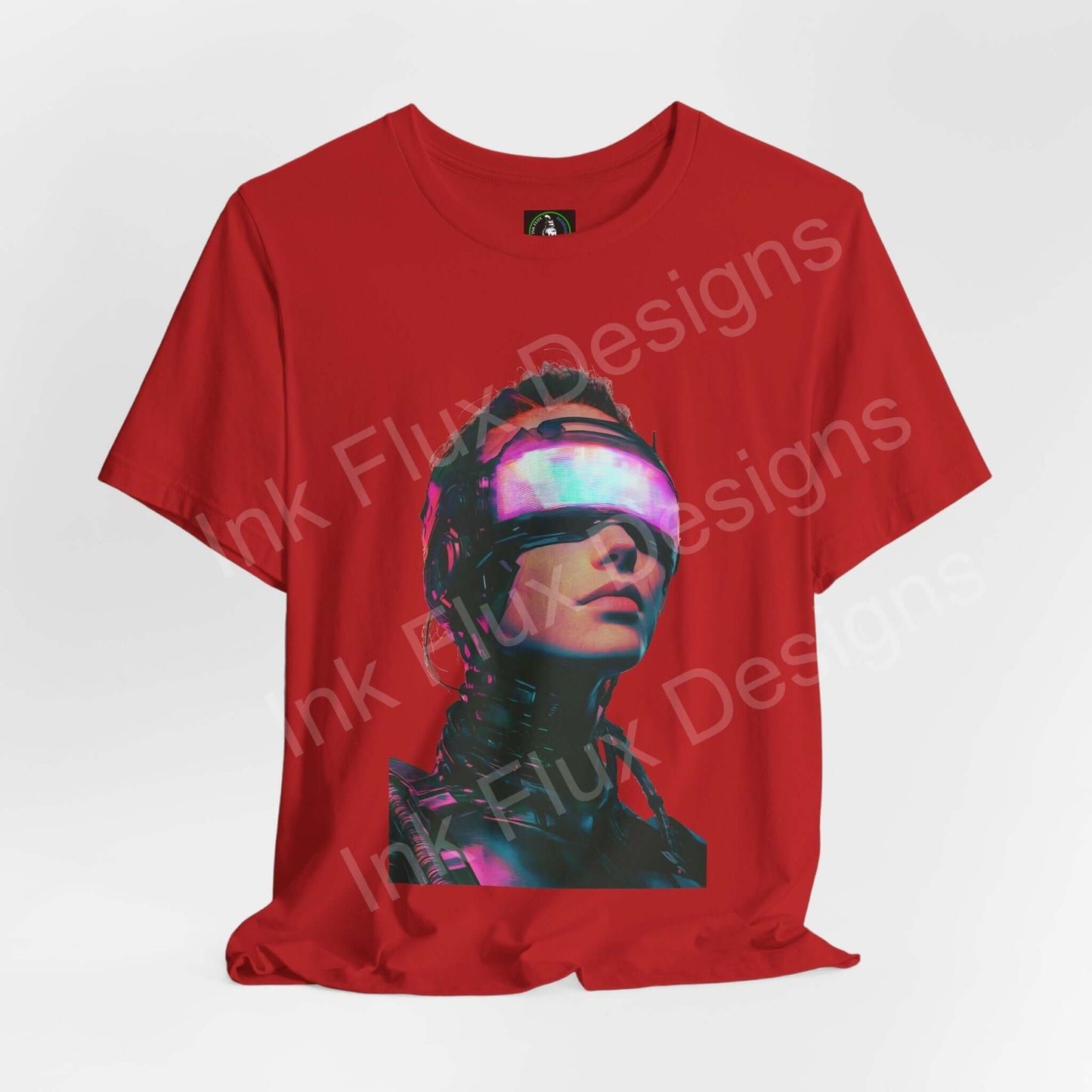 Red cyberpunk graphic tee featuring a futuristic woman with a visor, designed for style and comfort.