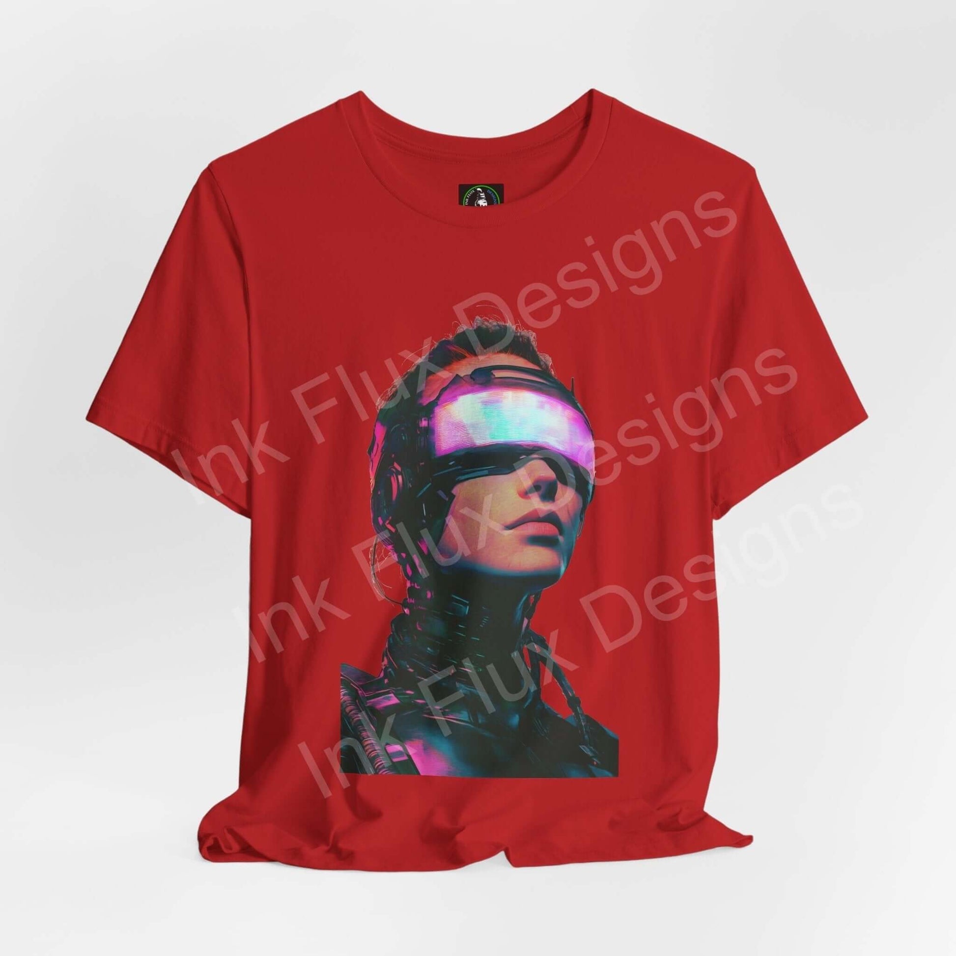 Cyberpunk t-shirt featuring a woman in a futuristic neon portrait, designed by Ink Flux Designs.