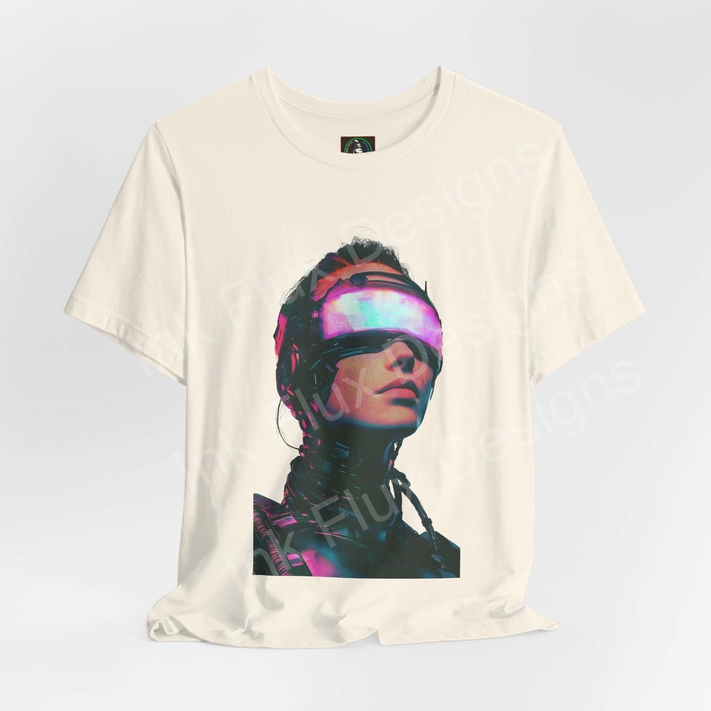 Cream-colored unisex cyberpunk graphic tee featuring a vibrant, futuristic woman design, ideal for lovers of stylish, breathable T-shirts.