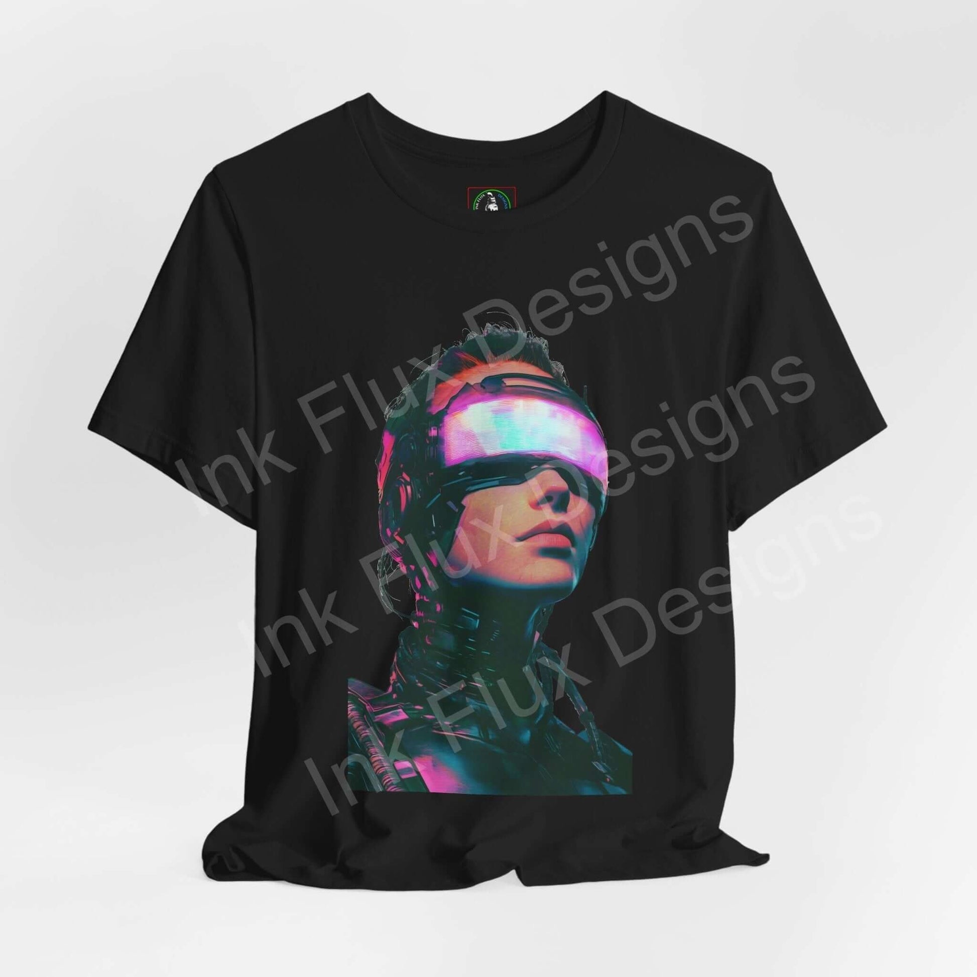 Cyberpunk t-shirt featuring a Woman V futuristic neon portrait by Ink Flux Designs on a black background.