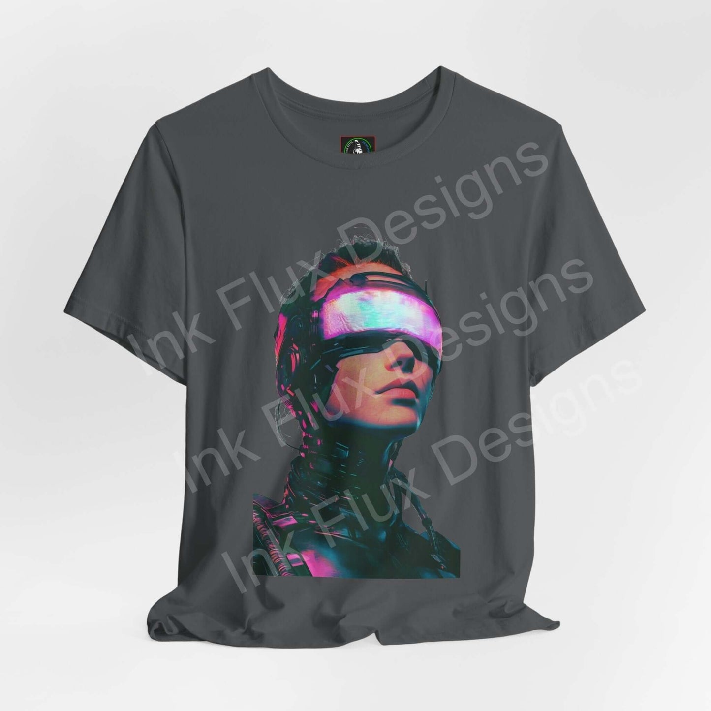Unisex charcoal T-shirt featuring a vibrant cyberpunk woman graphic, ideal for fans of futuristic and graphic tees.