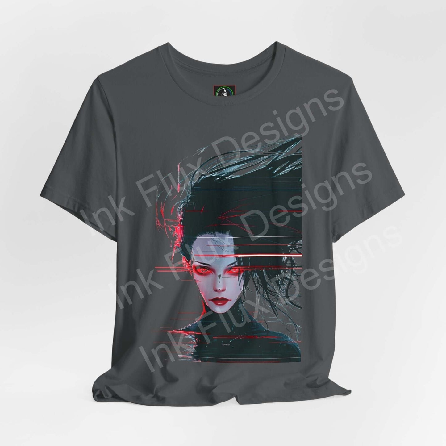 Cyberpunk Woman VI graphic tee featuring a stylized woman's face in red and blue on a gray T-shirt, from Ink Fink Designs.