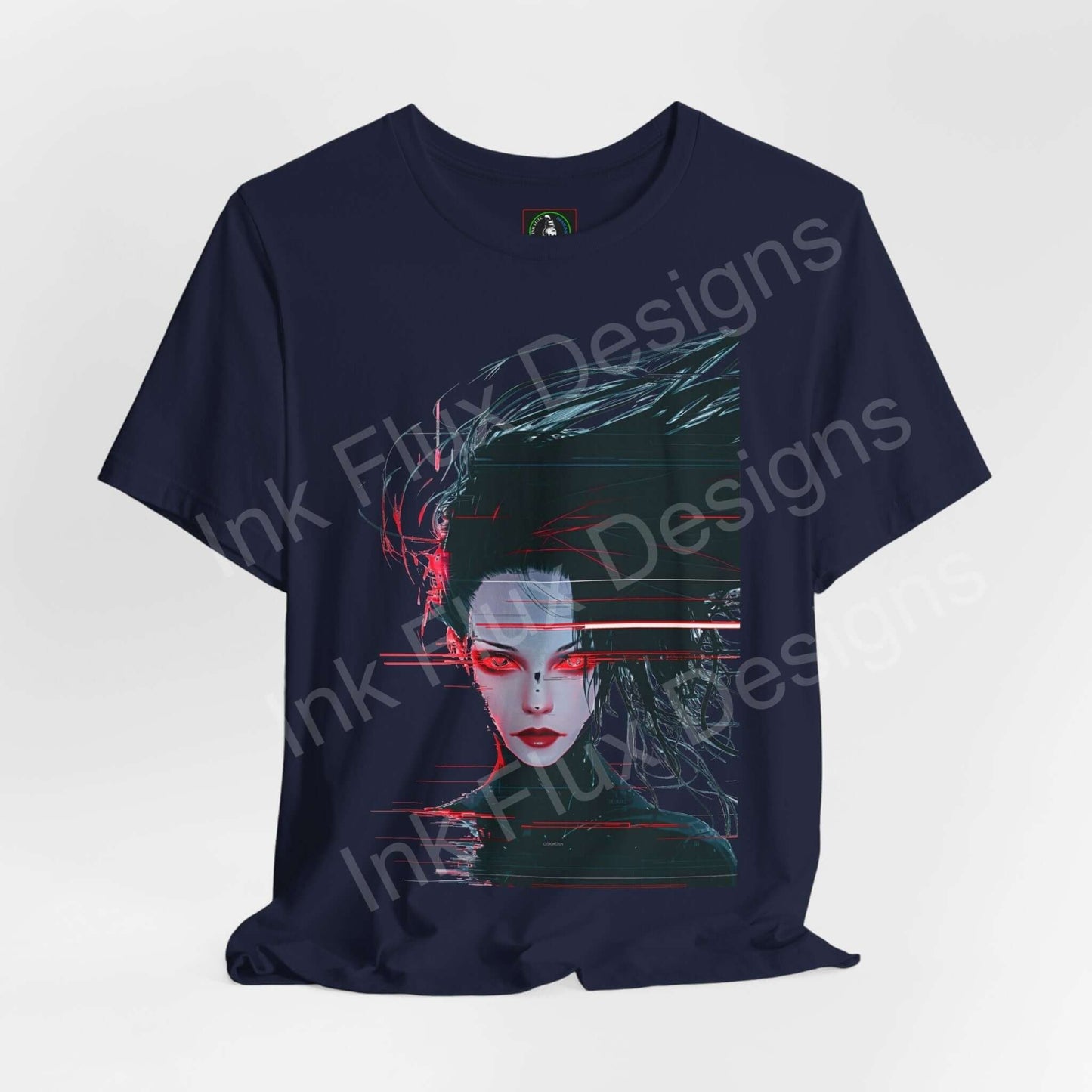 Cyberpunk Woman VI graphic tee featuring a stylized female face with futuristic red and green accents on a dark blue shirt.