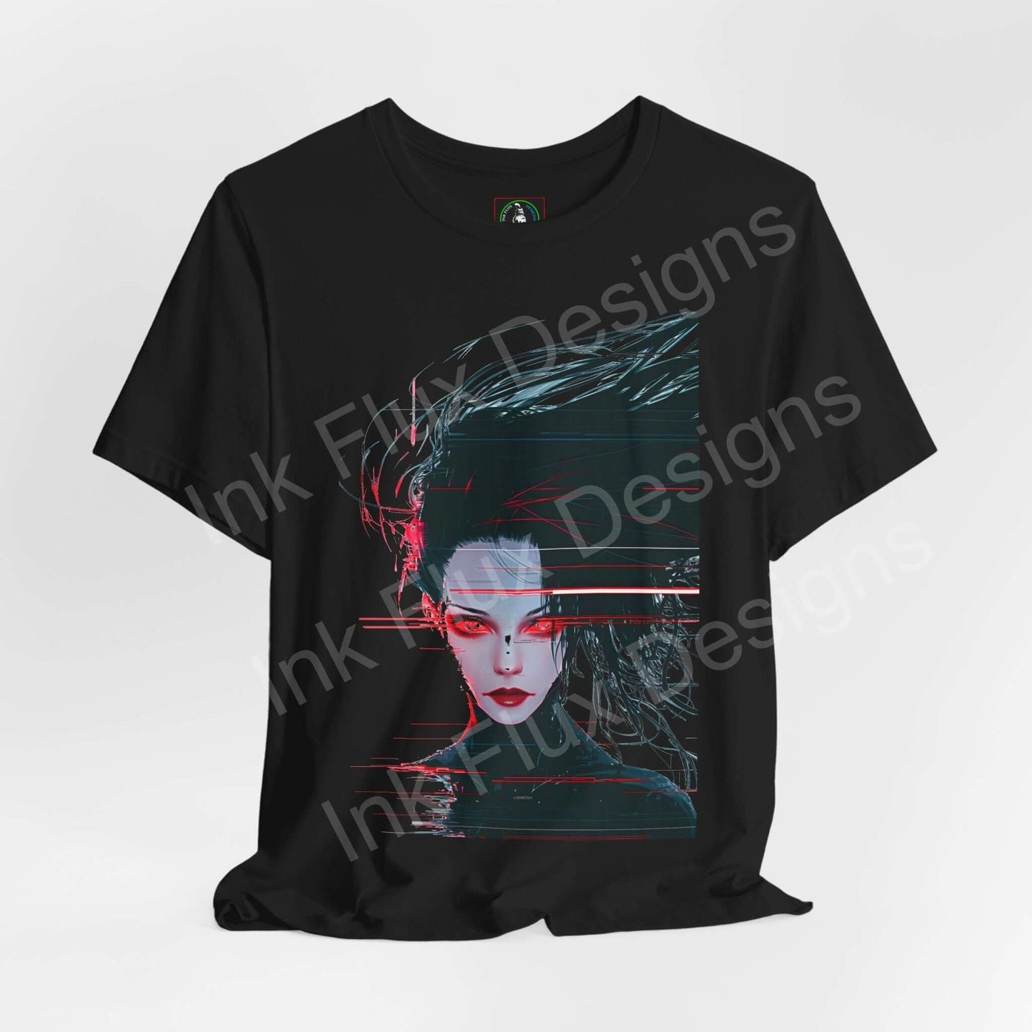 Black unisex T-shirt featuring a vibrant cyberpunk woman graphic, with red and green digital accents, perfect for fans of graphic tees.