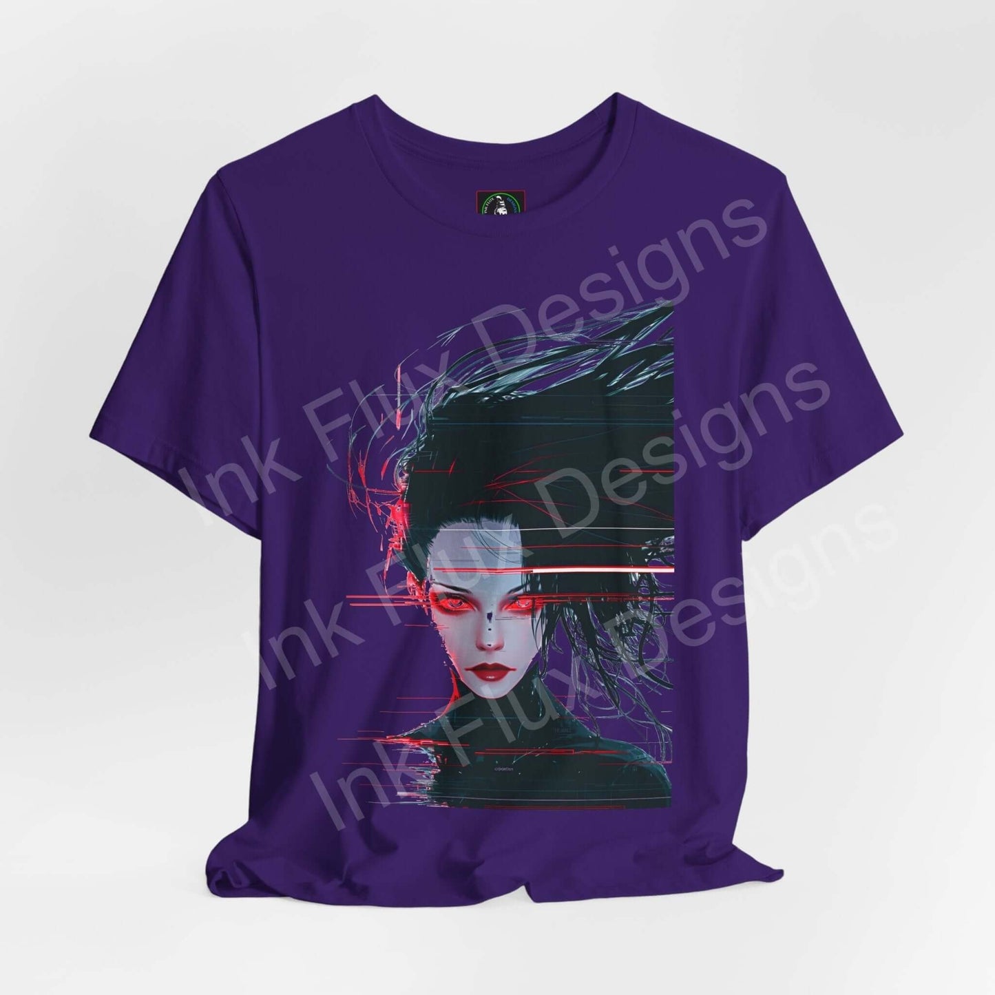 Cyberpunk Woman VI graphic tee in purple, featuring a striking cyberpunk female face design with bright red and green accents on a quality T-shirt.