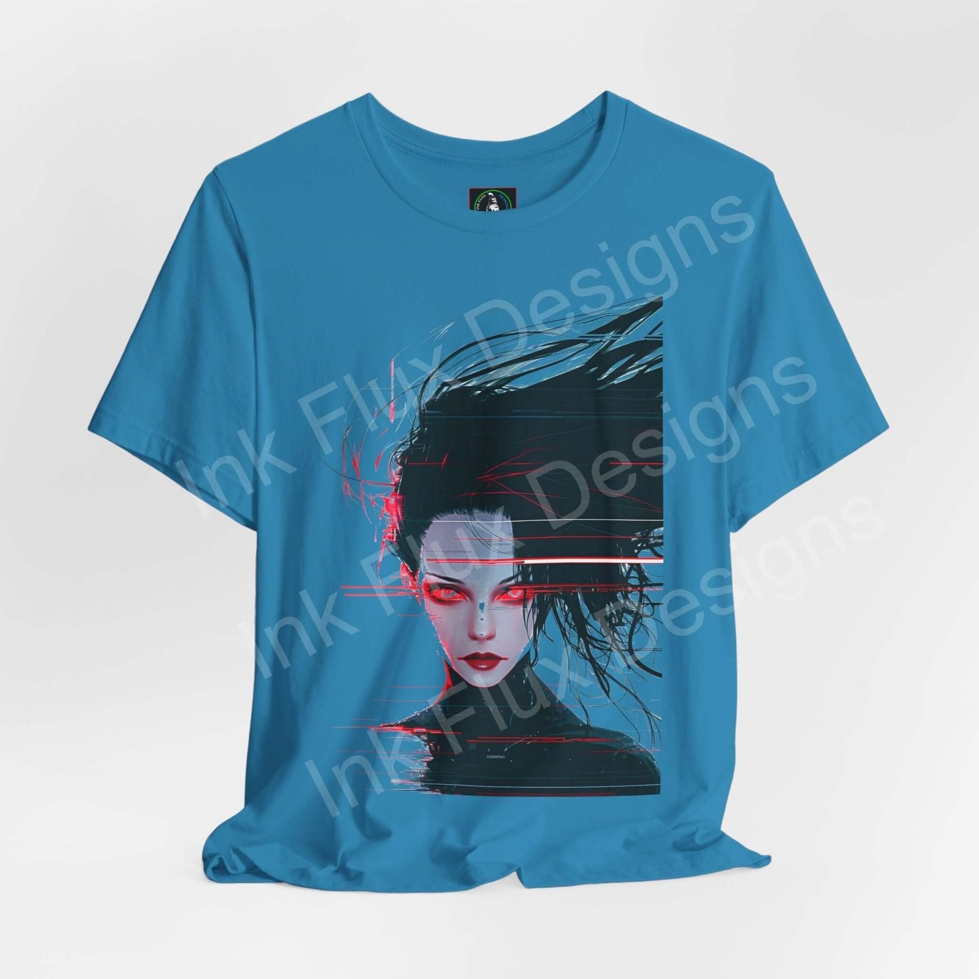 Cyberpunk t-shirt featuring Woman VI design with neon colors and futuristic art by Ink Flux Designs.