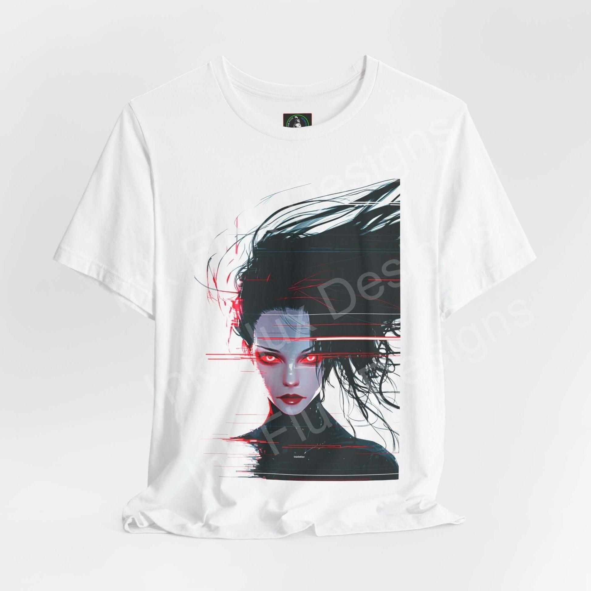 Cyberpunk T-Shirt featuring Woman VI design by Ink Flux Designs with vibrant neon colors and a futuristic aesthetic.