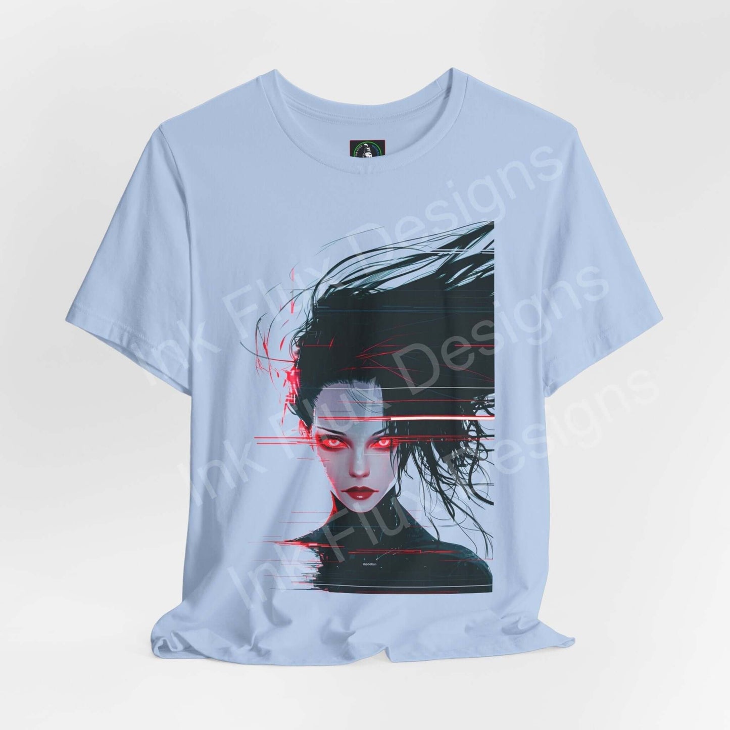 Light blue unisex T-shirt featuring a cyberpunk woman graphic design, crafted from breathable cotton, perfect for any occasion.