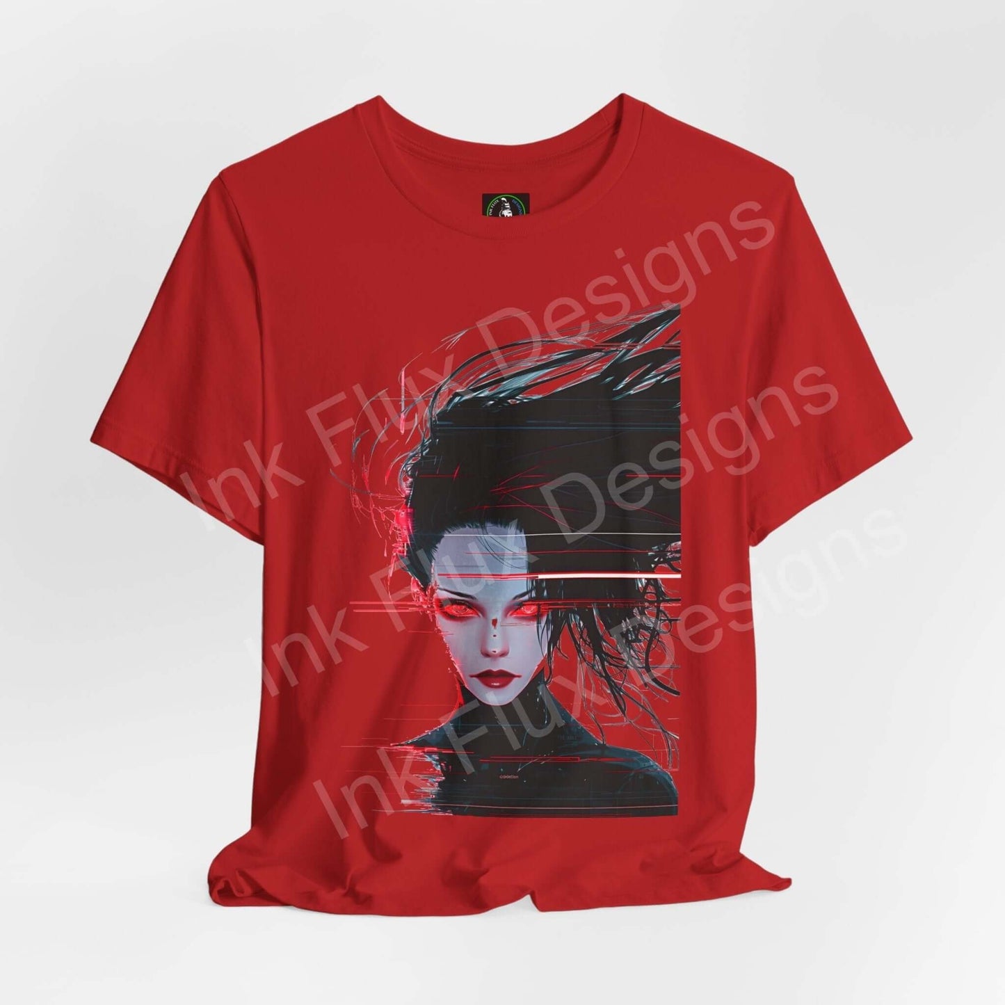 Red unisex T-shirt featuring a cyberpunk woman graphic design, perfect for fans of tech-inspired graphic tees.