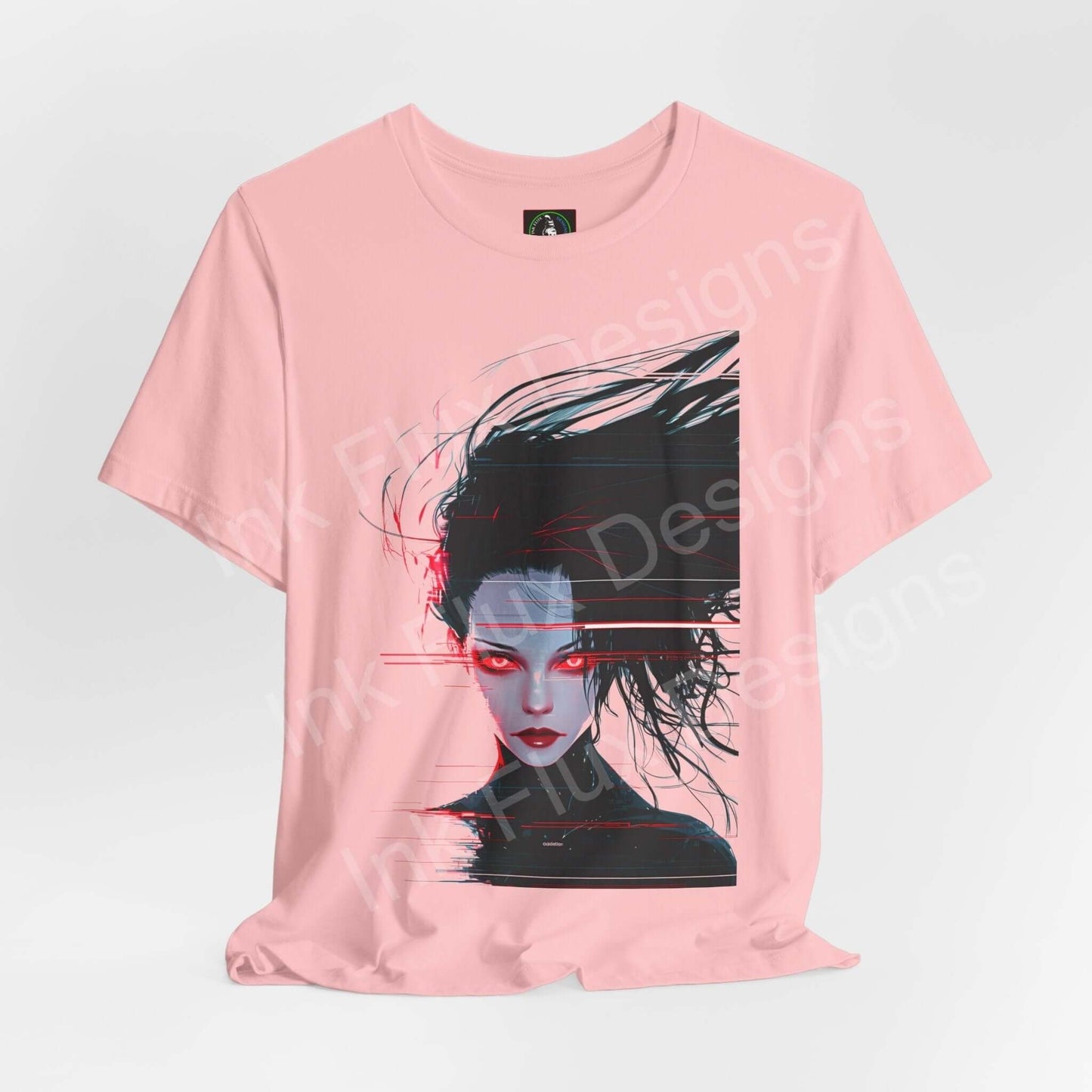 Pink unisex T-shirt featuring a striking cyberpunk woman graphic, ethically made by Bella+Canvas with a focus on comfort and style.