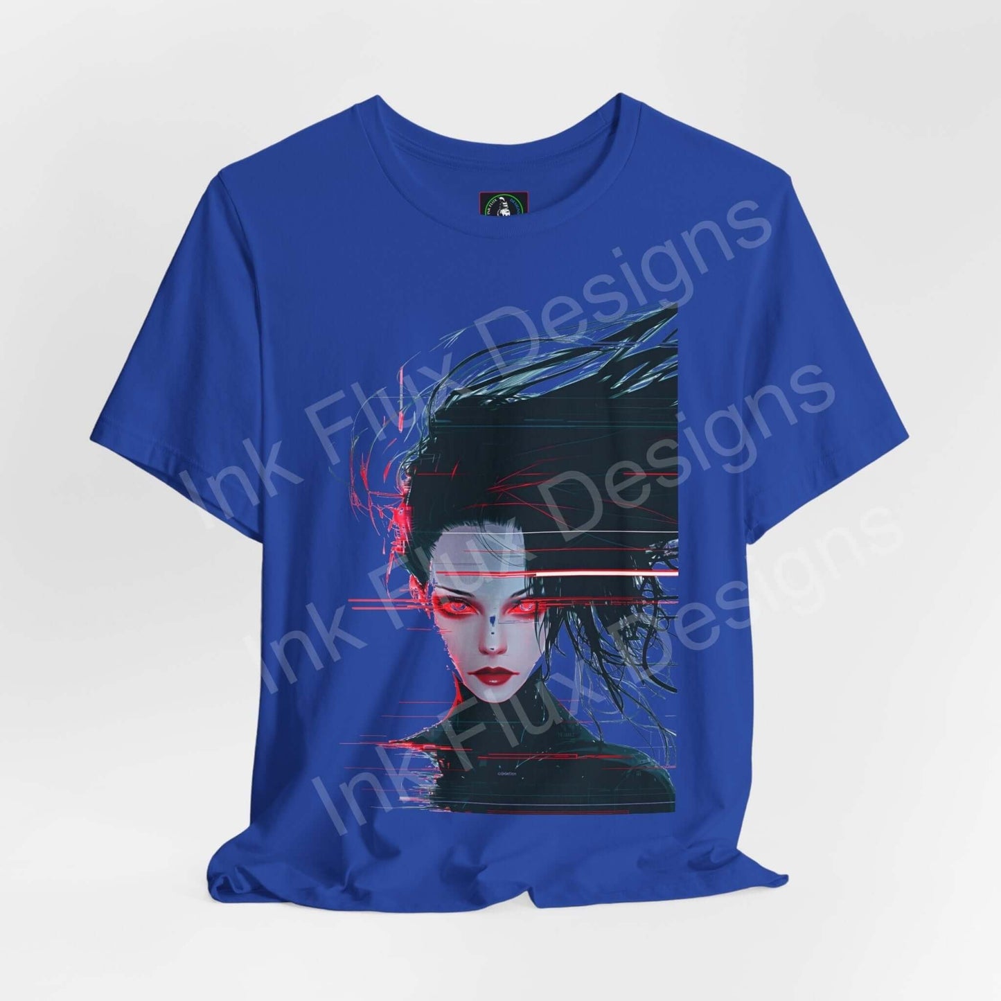 Blue unisex T-shirt featuring a striking cyberpunk woman graphic in vivid red and black, designed for comfort and style.