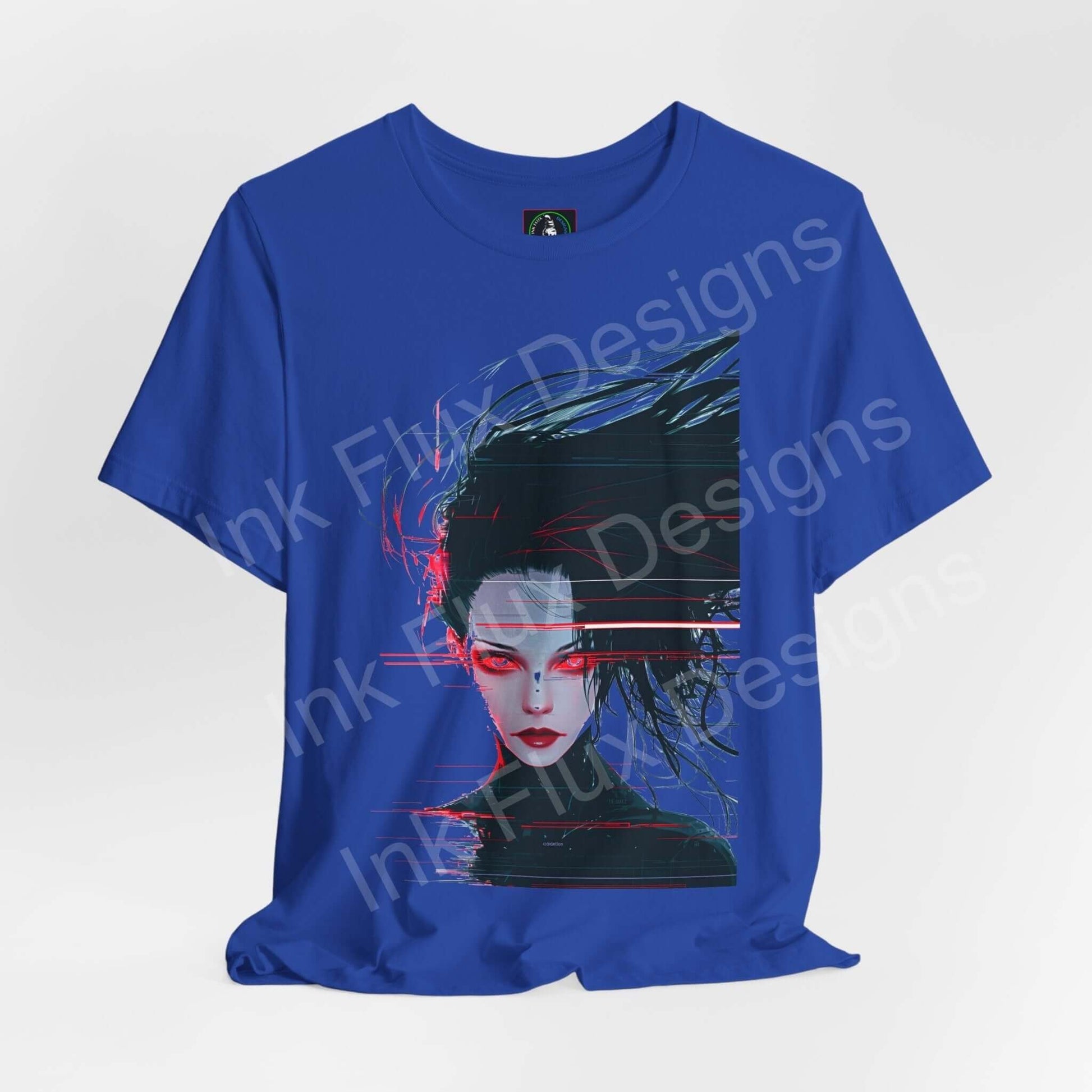 Cyberpunk t-shirt featuring Woman VI design by Ink Flux Designs in vibrant colors on blue shirt.