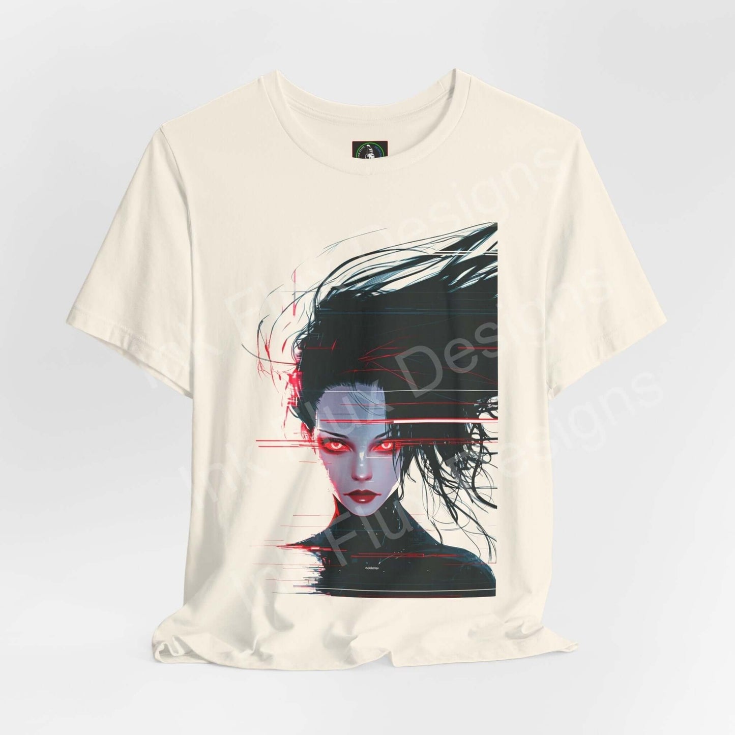 Cyberpunk Woman VI graphic tee featuring a stylized female face with neon accents on a soft ivory shirt, ideal for both style and comfort.