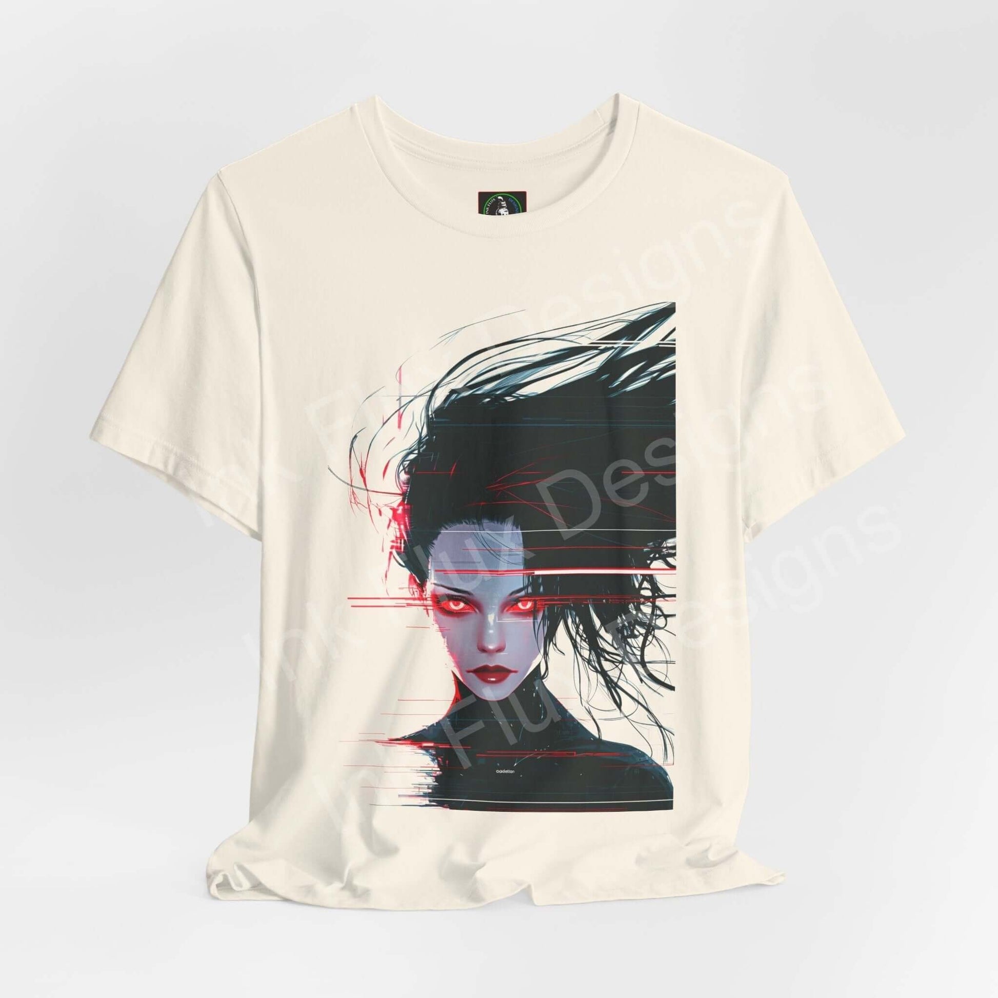 Cyberpunk t-shirt featuring Woman VI Neon Specter design by Ink Flux Designs with vibrant colors and futuristic art.