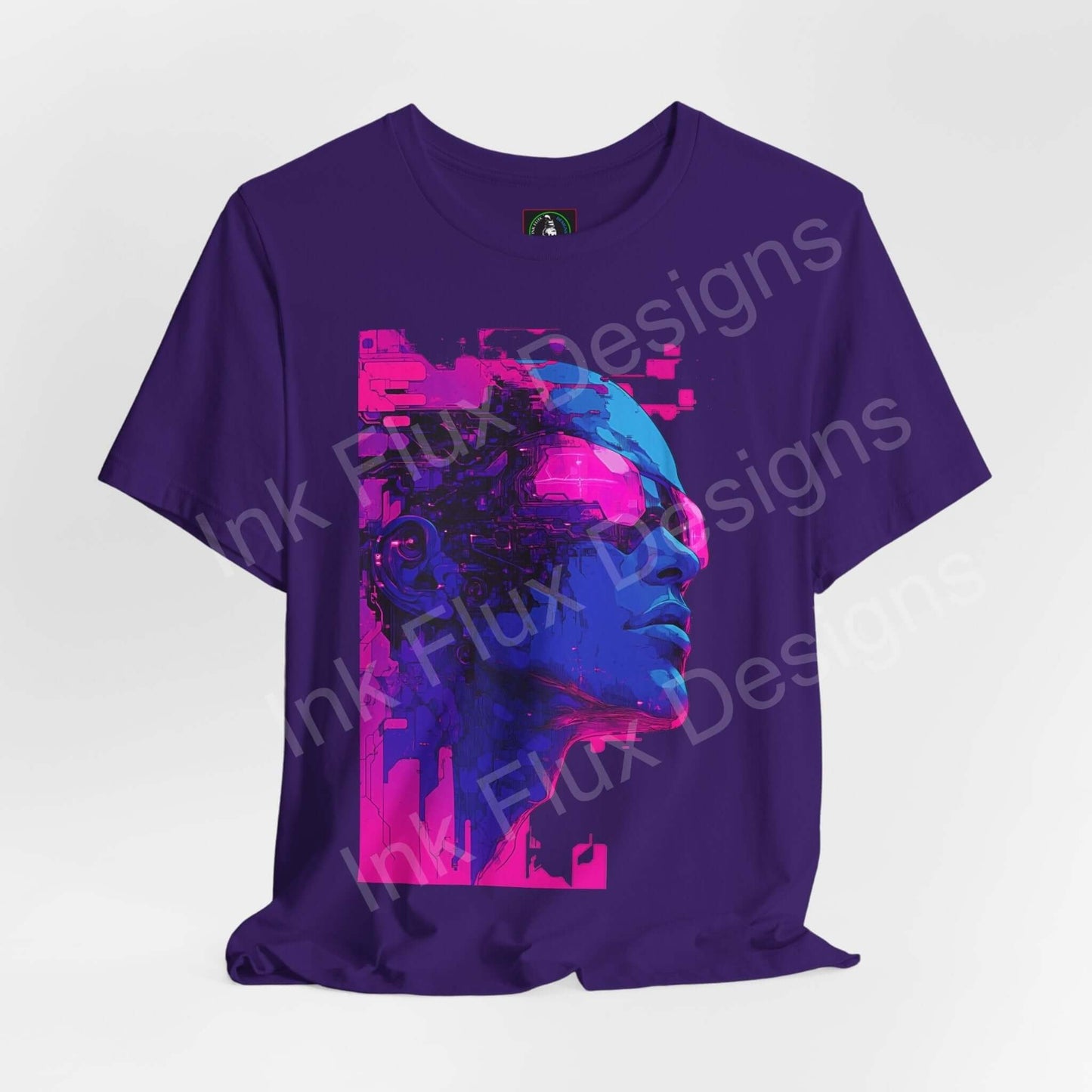 Cyberpunk inspired graphic tee featuring a vibrant pink and blue cyborg design on a purple unisex T-shirt by Bella+Canvas, perfect for any casual occasion.