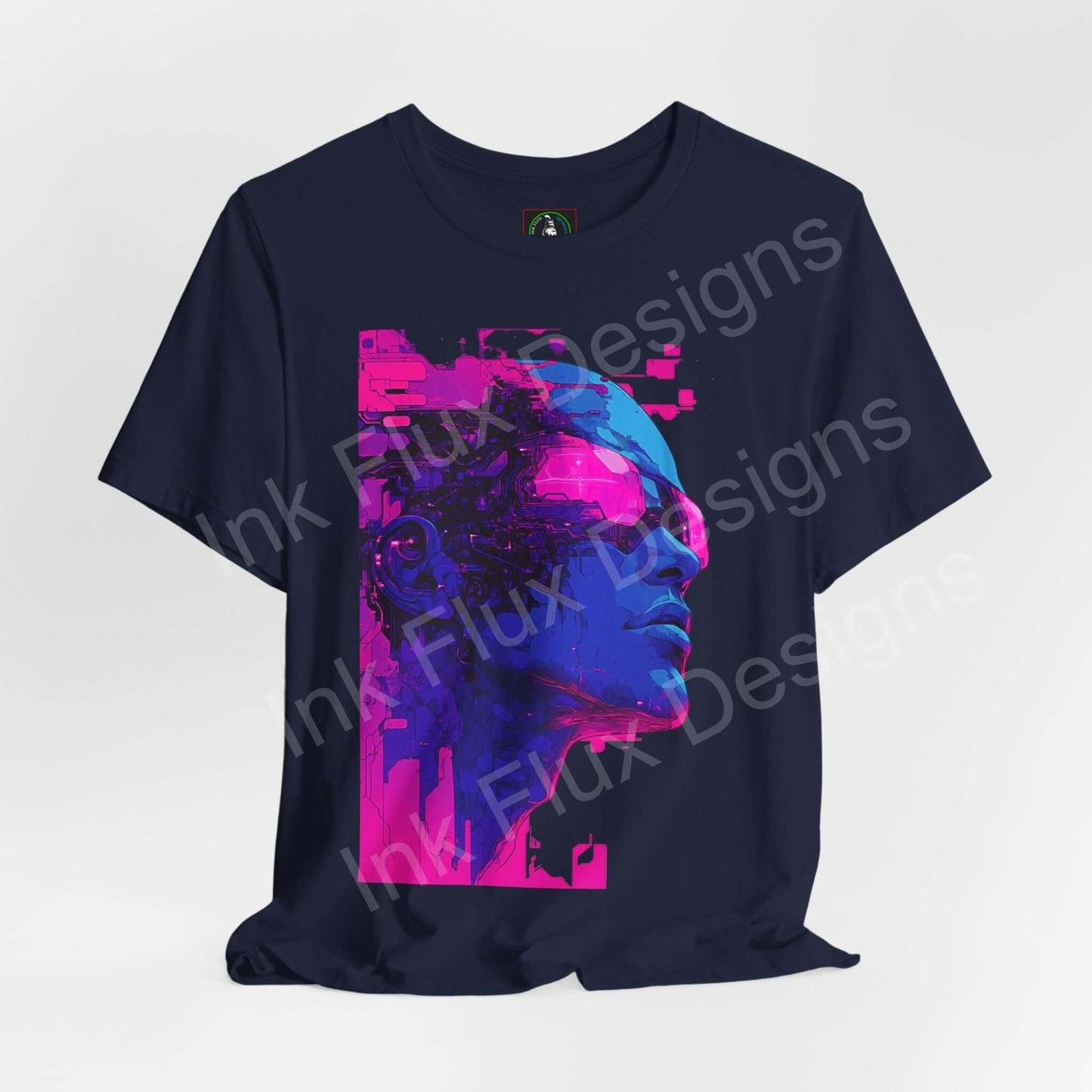 Unisex navy blue graphic tee featuring a vibrant cyberpunk-inspired design with abstract neon pink and blue accents, from Bella+Canvas.