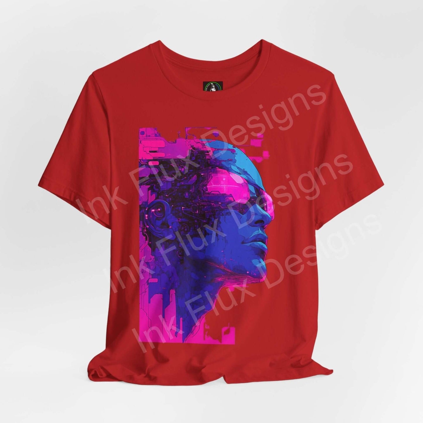 Unisex red cyberpunk graphic tee featuring a vibrant blue and pink cyborg design, made from sustainable Airlume cotton by Bella+Canvas.