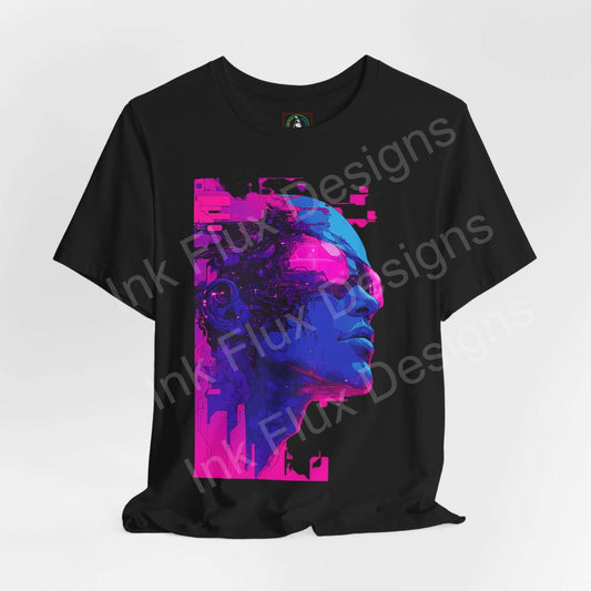 Cyberpunk graphic tee featuring a vibrant pink and blue cyborg design on a black unisex T-shirt, highlighting modern aesthetic and comfort.