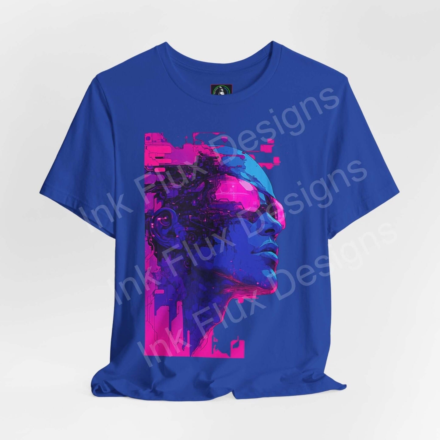 Blue unisex graphic tee featuring a vibrant cyberpunk-inspired cyborg face design, perfect for fans of cyberpunk culture and graphic tees.