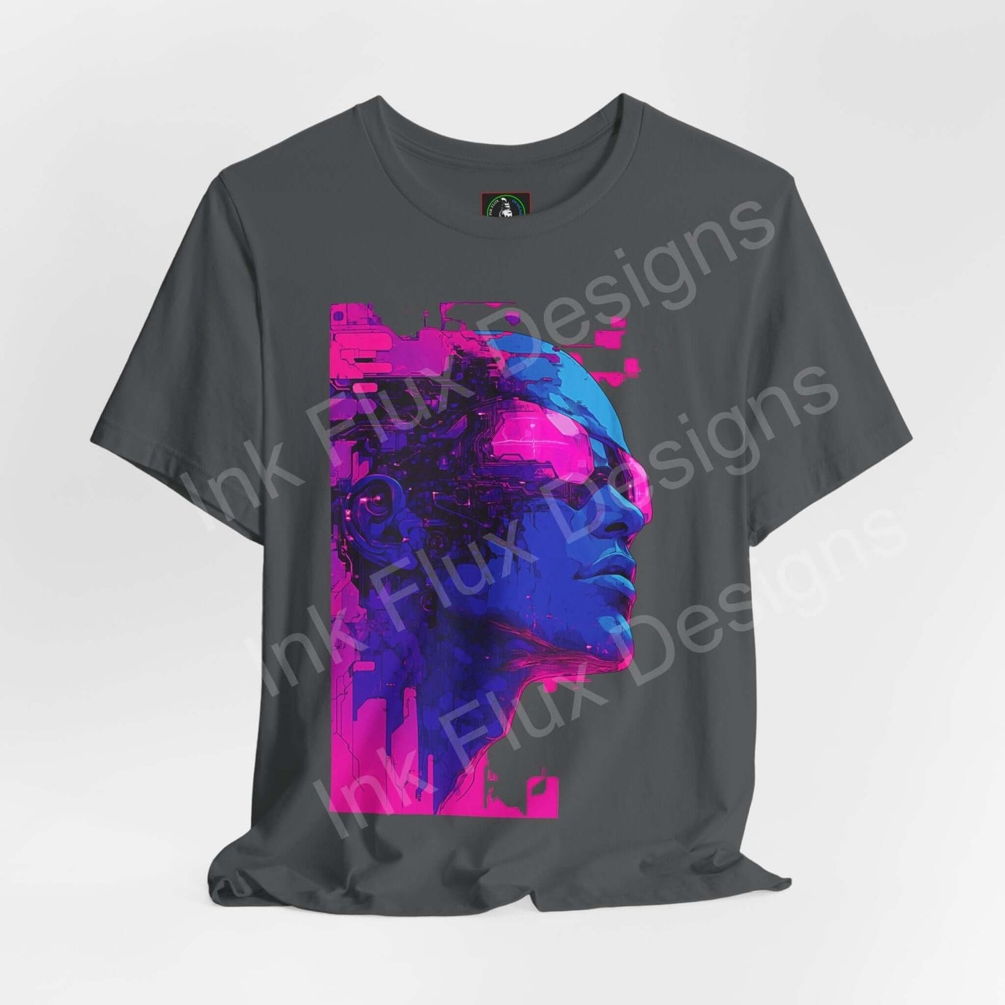 Unisex gray Cyberpunk graphic tee featuring a vibrant pink and blue cyborg design, from the Bella+Canvas ethically made collection.