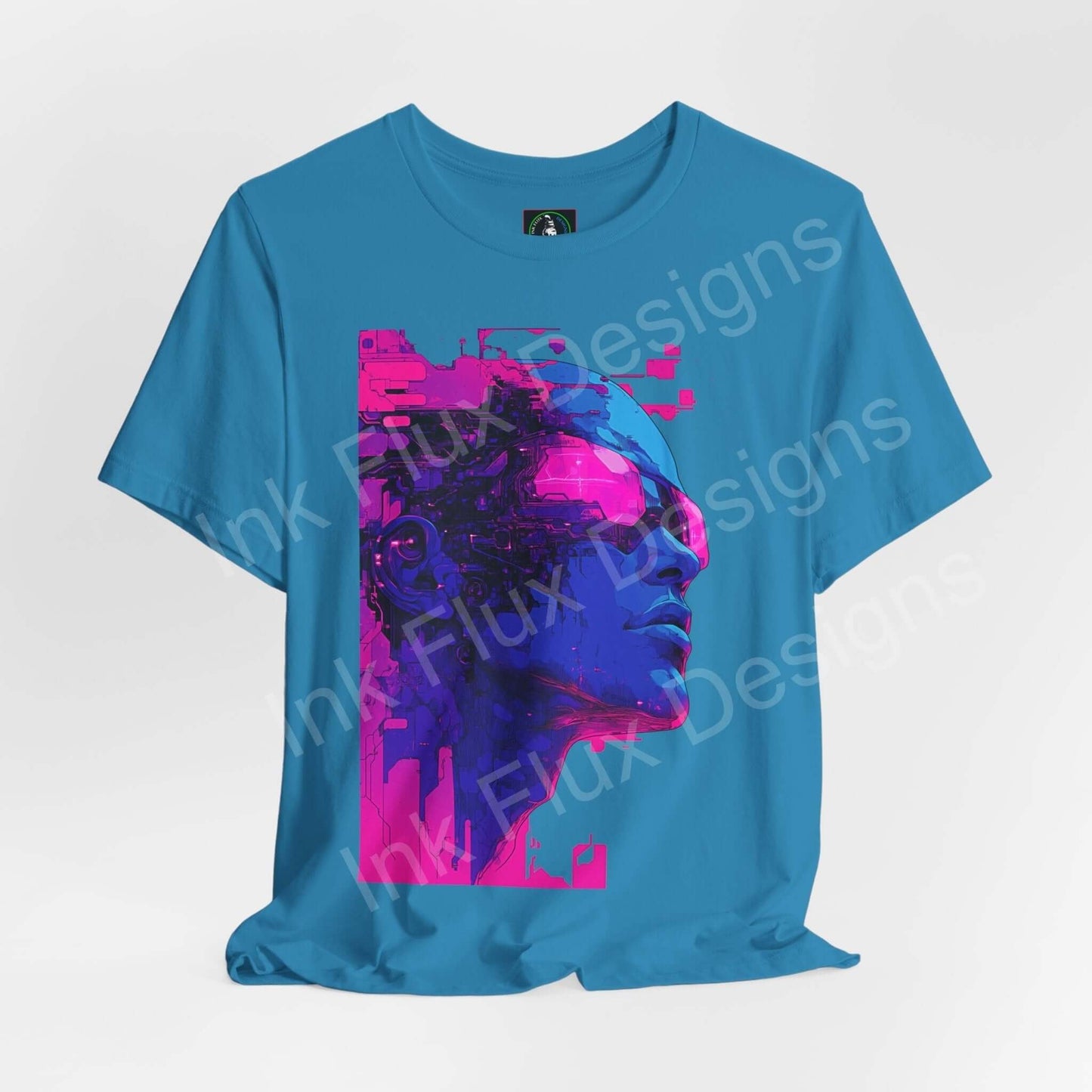Cyberpunk inspired graphic tee featuring a vibrant pink and blue cyborg design on a turquoise T-shirt, showcasing contemporary cyberpunk fashion.