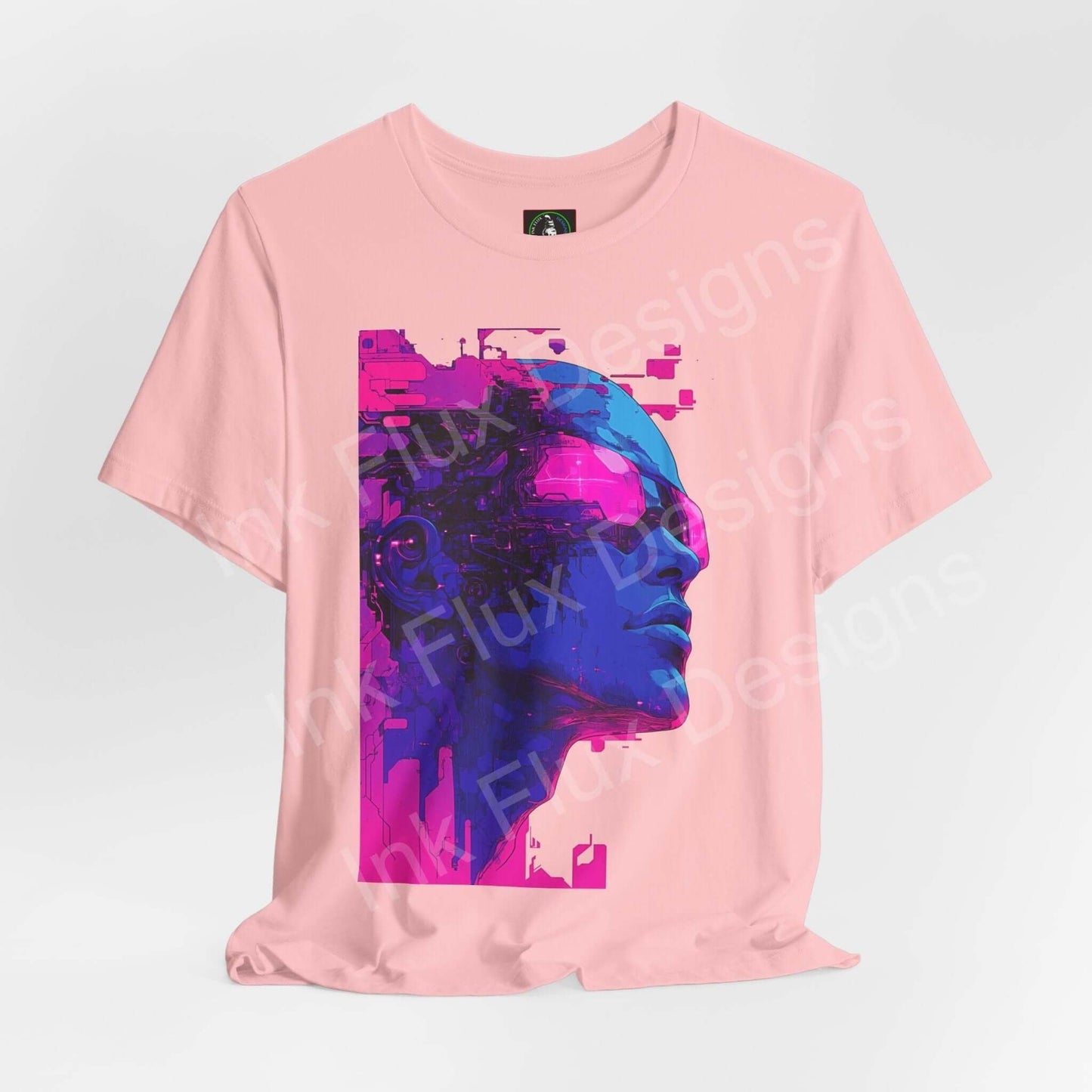 Pink unisex graphic tee with vibrant cyberpunk-inspired design featuring a stylized cyborg face in shades of purple and blue.