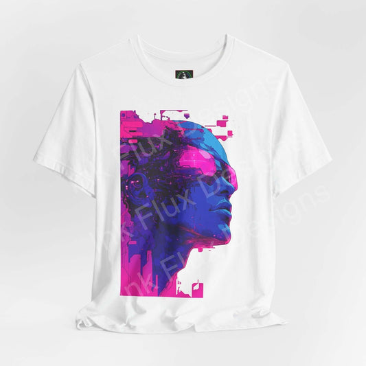 Cyberpunk-inspired graphic tee featuring a vibrant pink and purple digital cyborg design on a unisex white T-shirt, ideal for stylish, breathable comfort.
