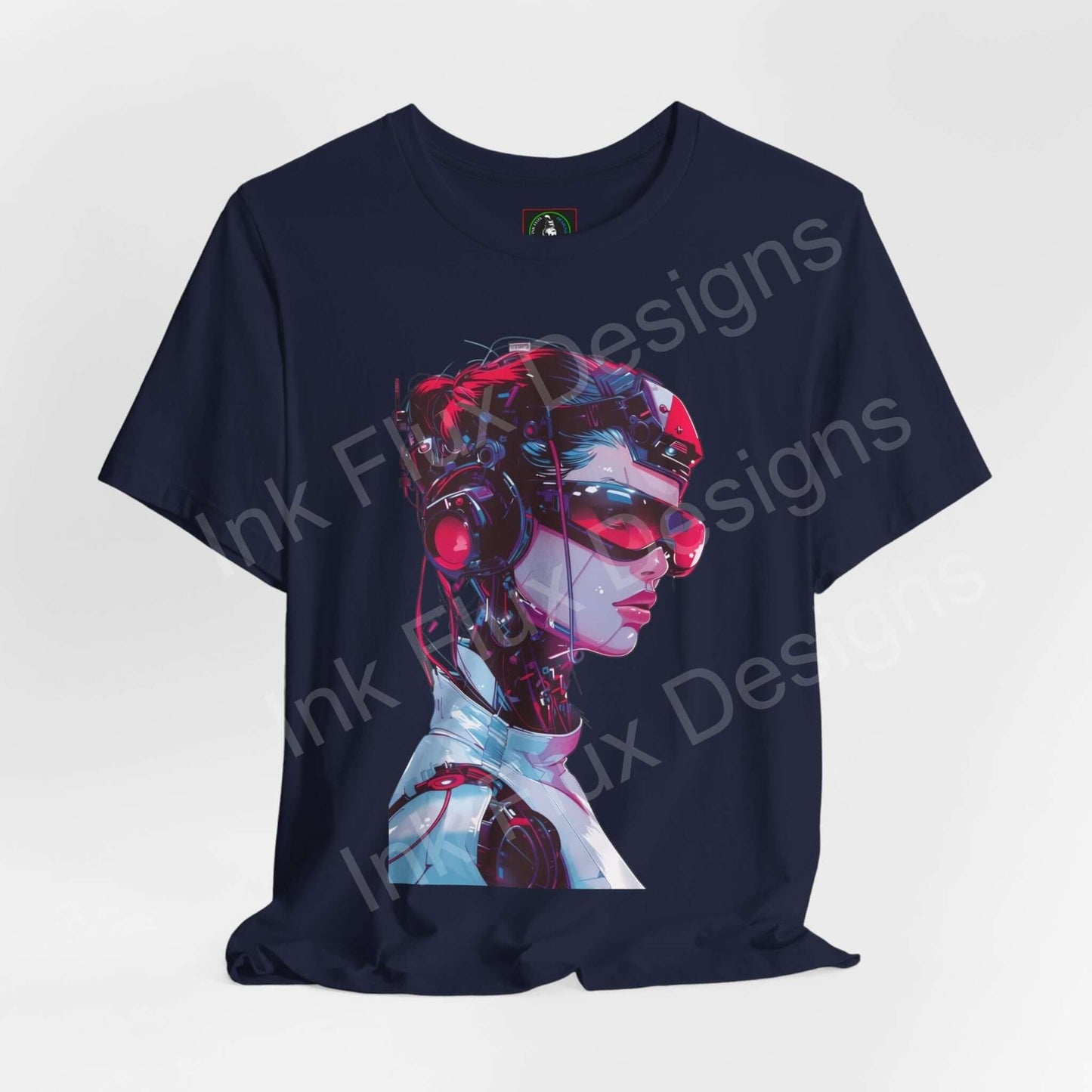 Navy blue unisex cyberpunk graphic tee featuring a stylized print of a female cyborg face, crafted by Bella+Canvas, ideal for T-shirt enthusiasts.
