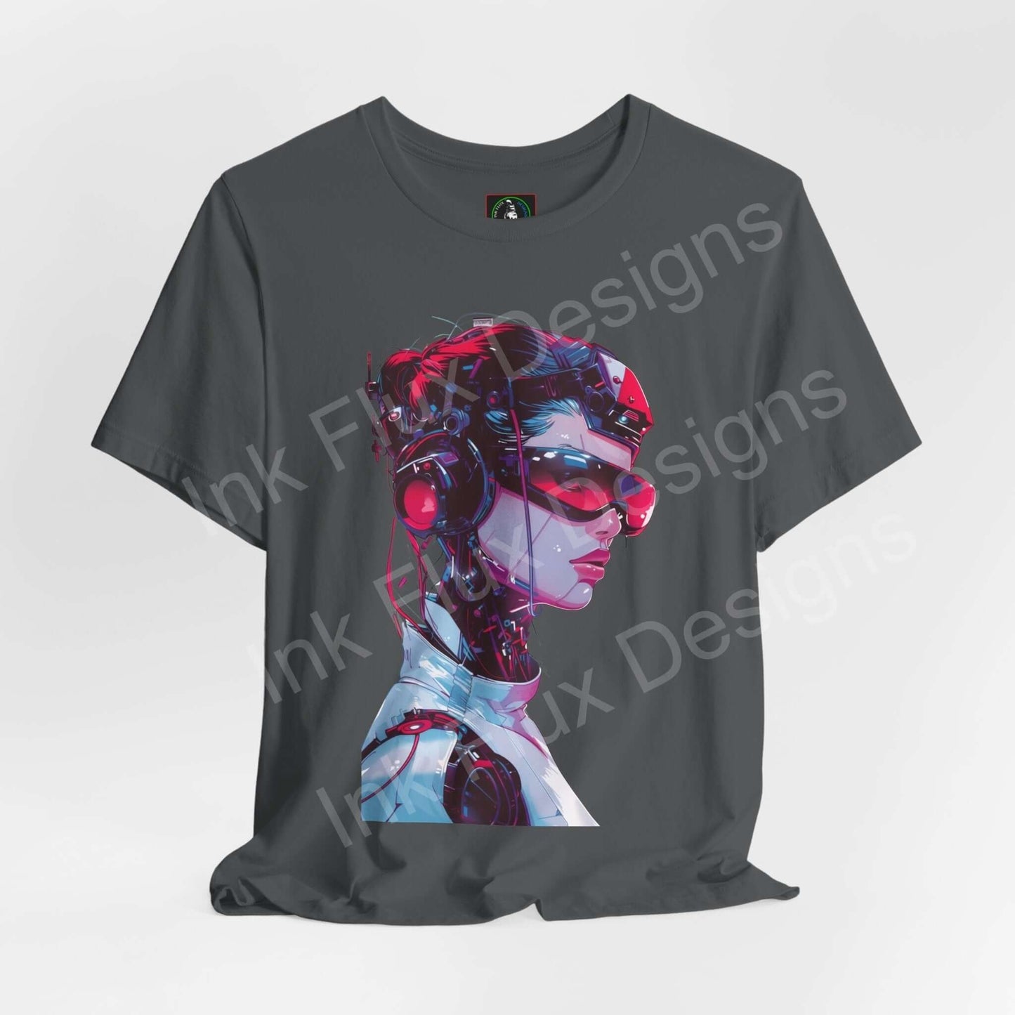 Charcoal graphic tee featuring a vibrant cyberpunk cyborg design, ideal for fans of futuristic, stylish T-shirts.