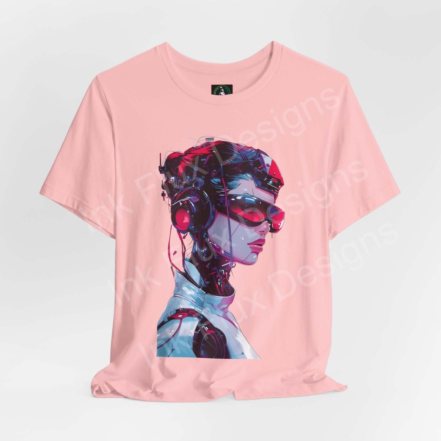 Pink unisex Bella+Canvas T-shirt featuring a cyberpunk graphic of a cyborg face, ideal for fans of graphic tees.